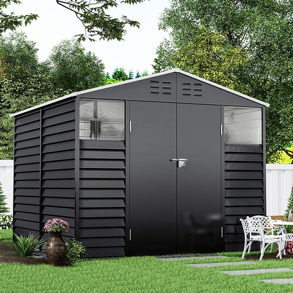 Black - Breeins - 8x8Fts Charcoal Steel Tool Shed, Charcoal Black - 1