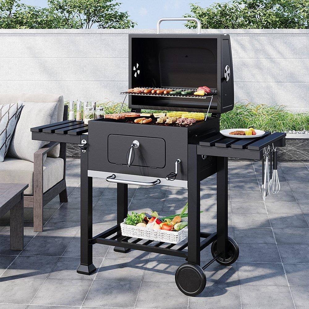 Black - Breeins - Outdoor Steel BBQ Grill with Side Shelves Black - 1