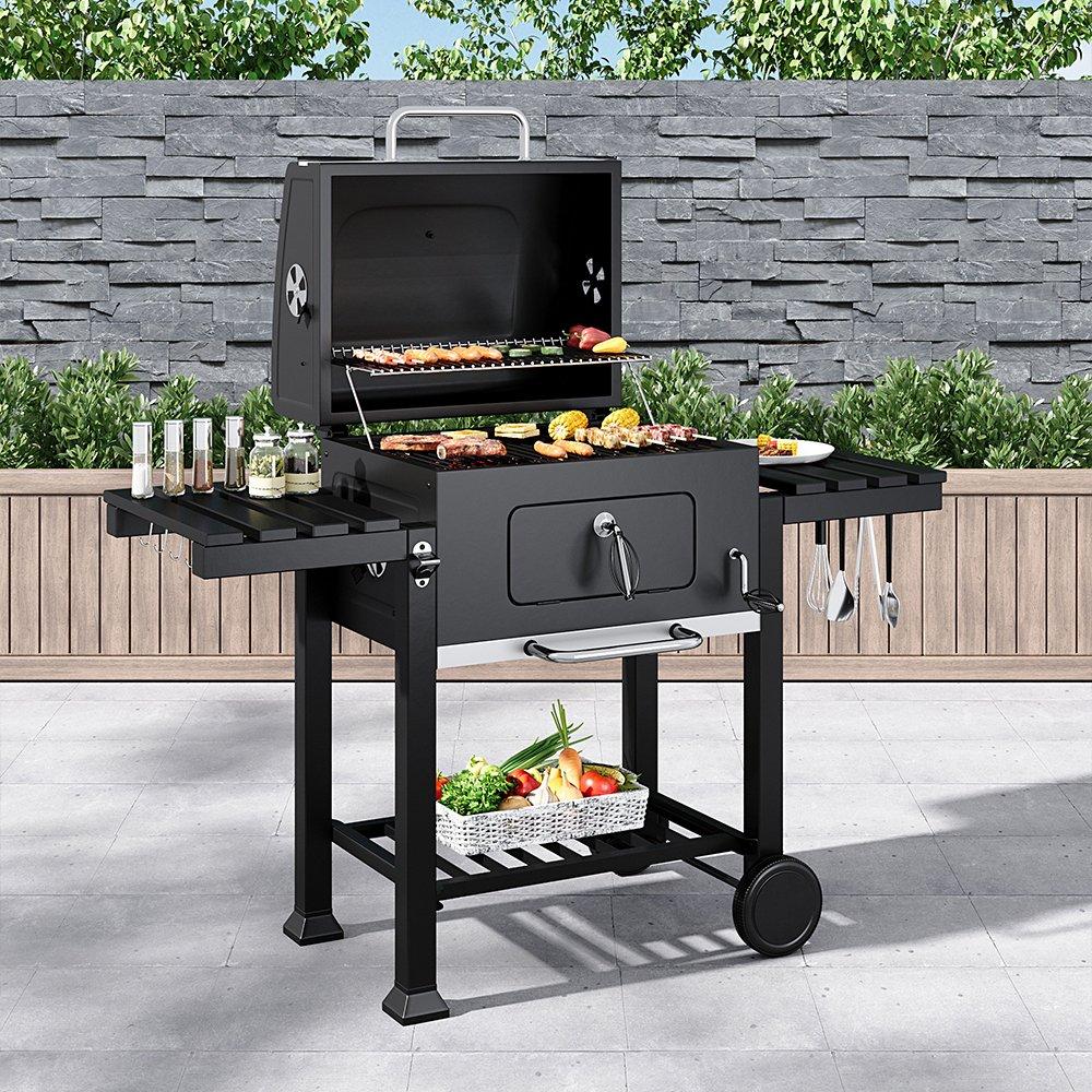 Black - Breeins - Outdoor Steel BBQ Grill with Side Shelves Black - 2