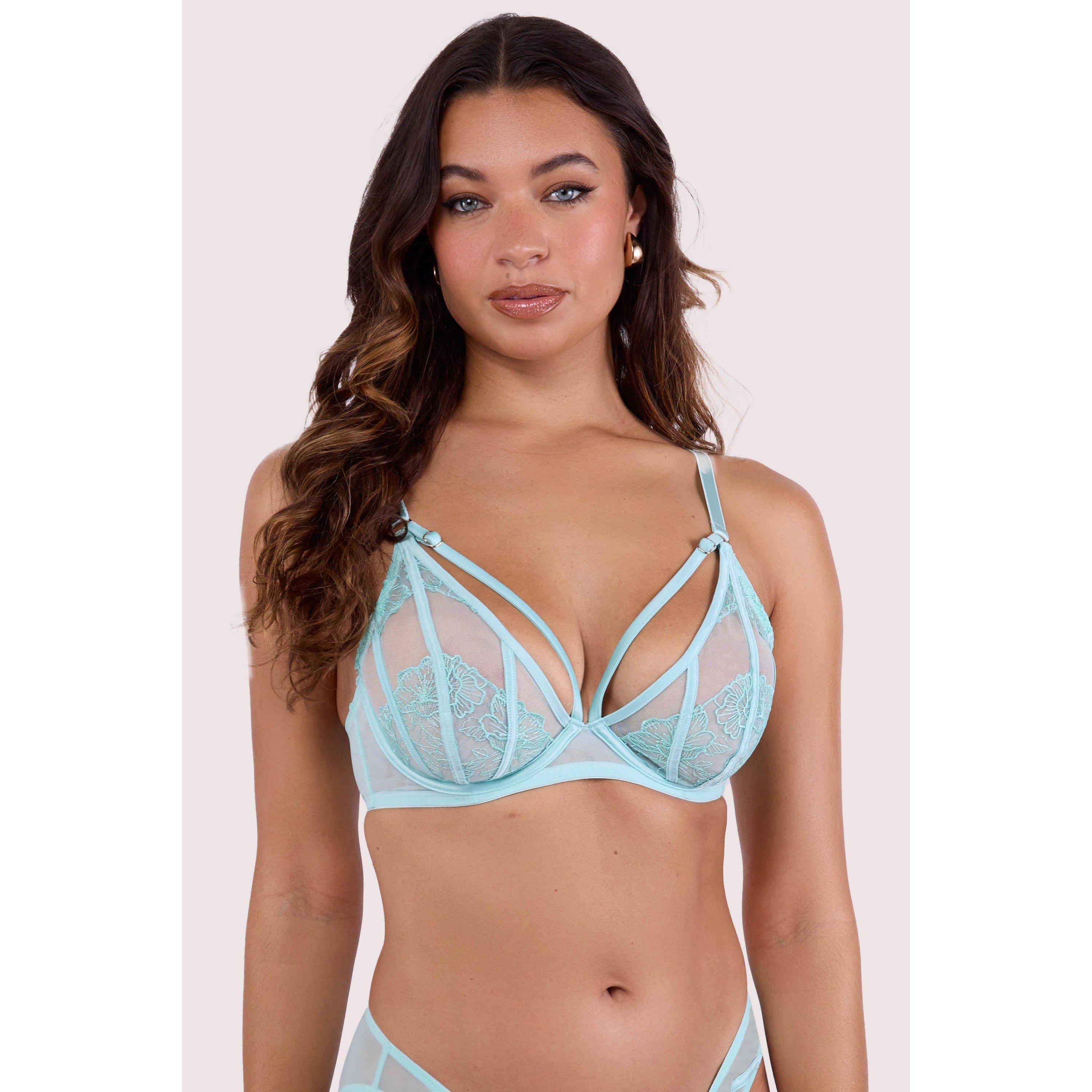 Aqua - Playful Promises - Valerie Aqua Embroidery & Mesh Plunge Bra - 2