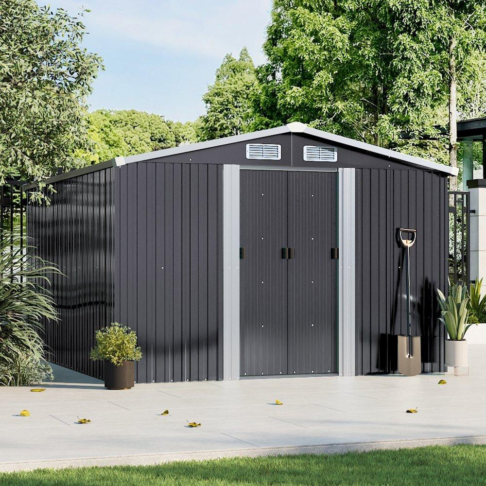Breeins Outdoor 10x8Fts Metal Storage Shed, Charcoal Black