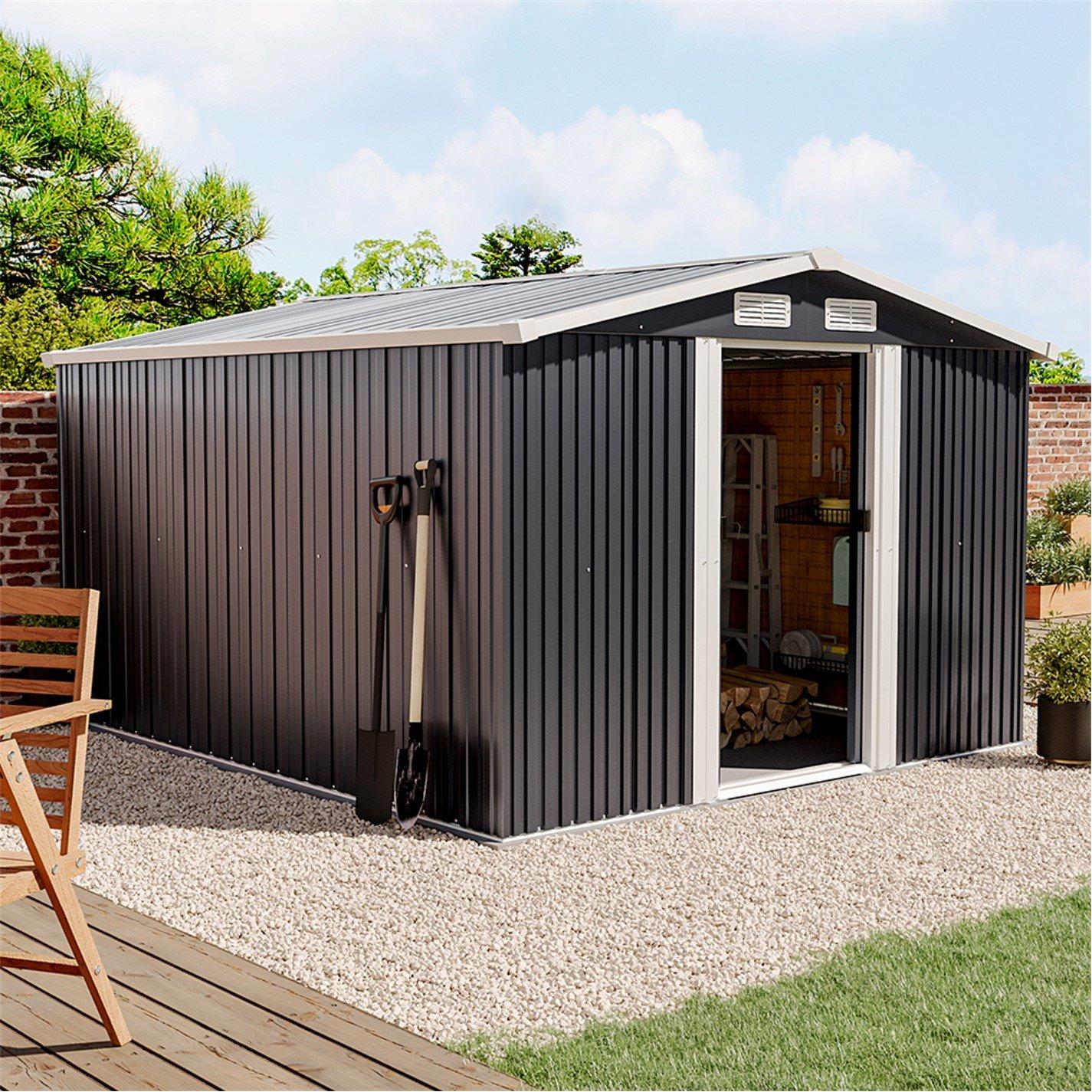 Black - Breeins - Outdoor 10x8Fts Metal Storage Shed, Charcoal Black - 5