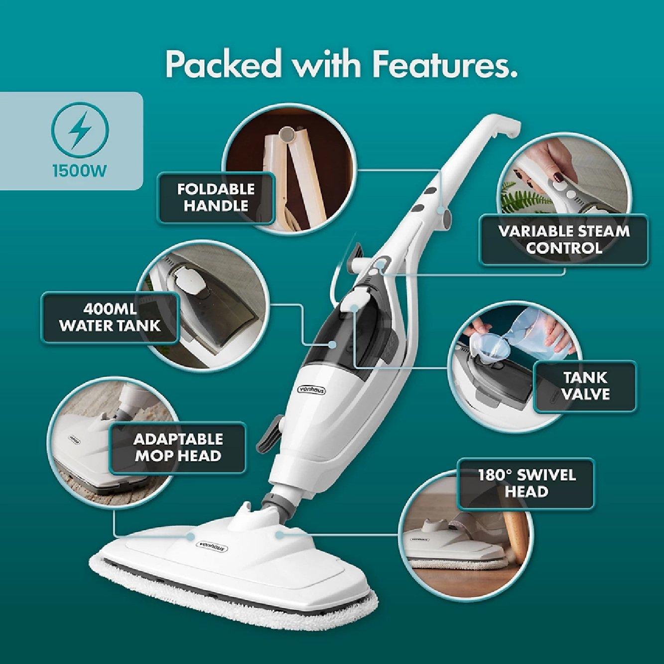 White - VonHaus - 2-in-1 Floor & Handheld Steam Cleaner - 5