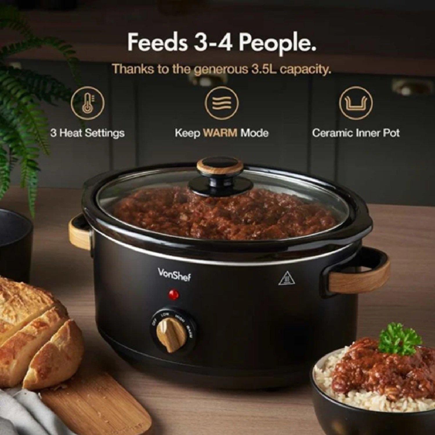 Black - VonHaus - Fika Black & Wood 3.5L Slow Cooker - 2