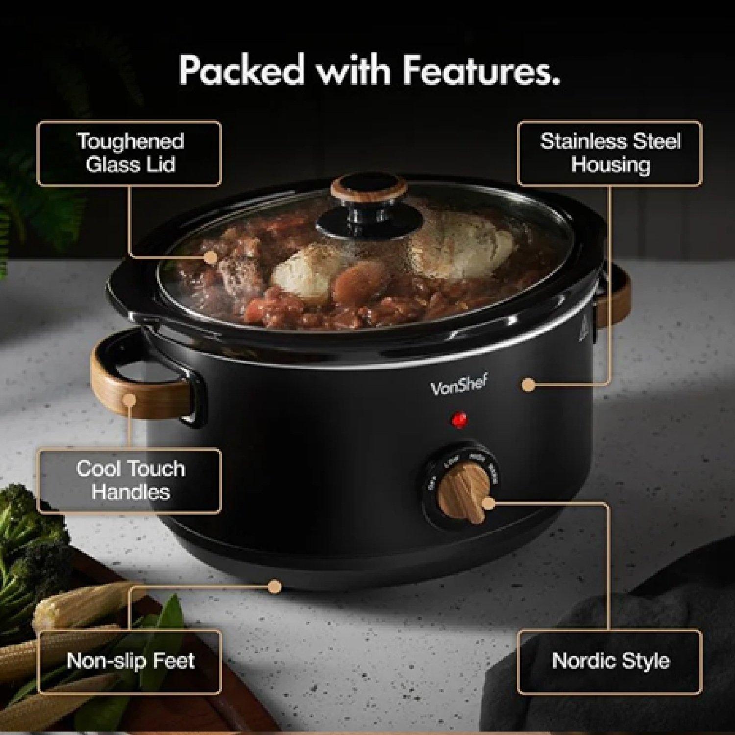 Black - VonHaus - Fika Black & Wood 3.5L Slow Cooker - 3