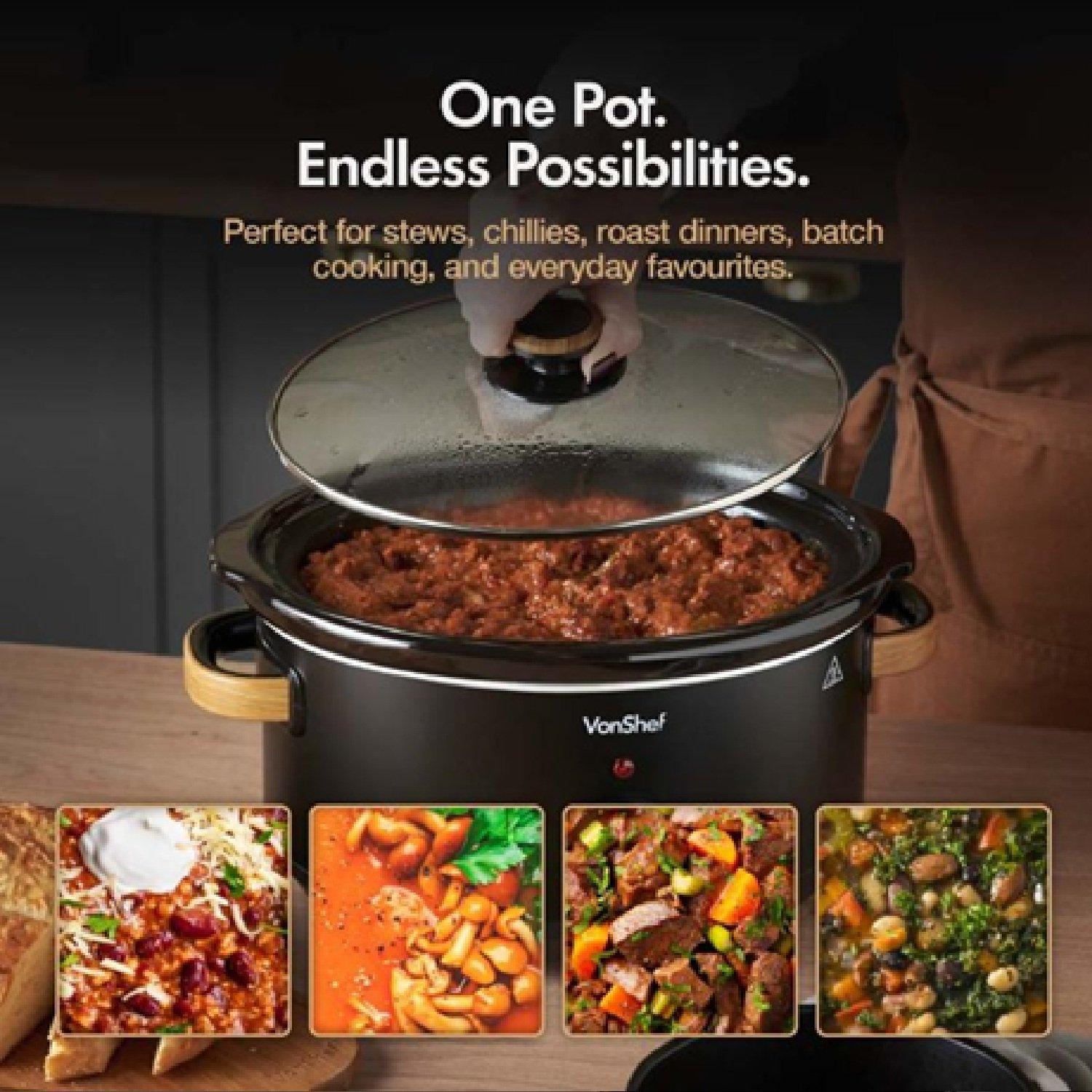 Black - VonHaus - Fika Black & Wood 3.5L Slow Cooker - 6