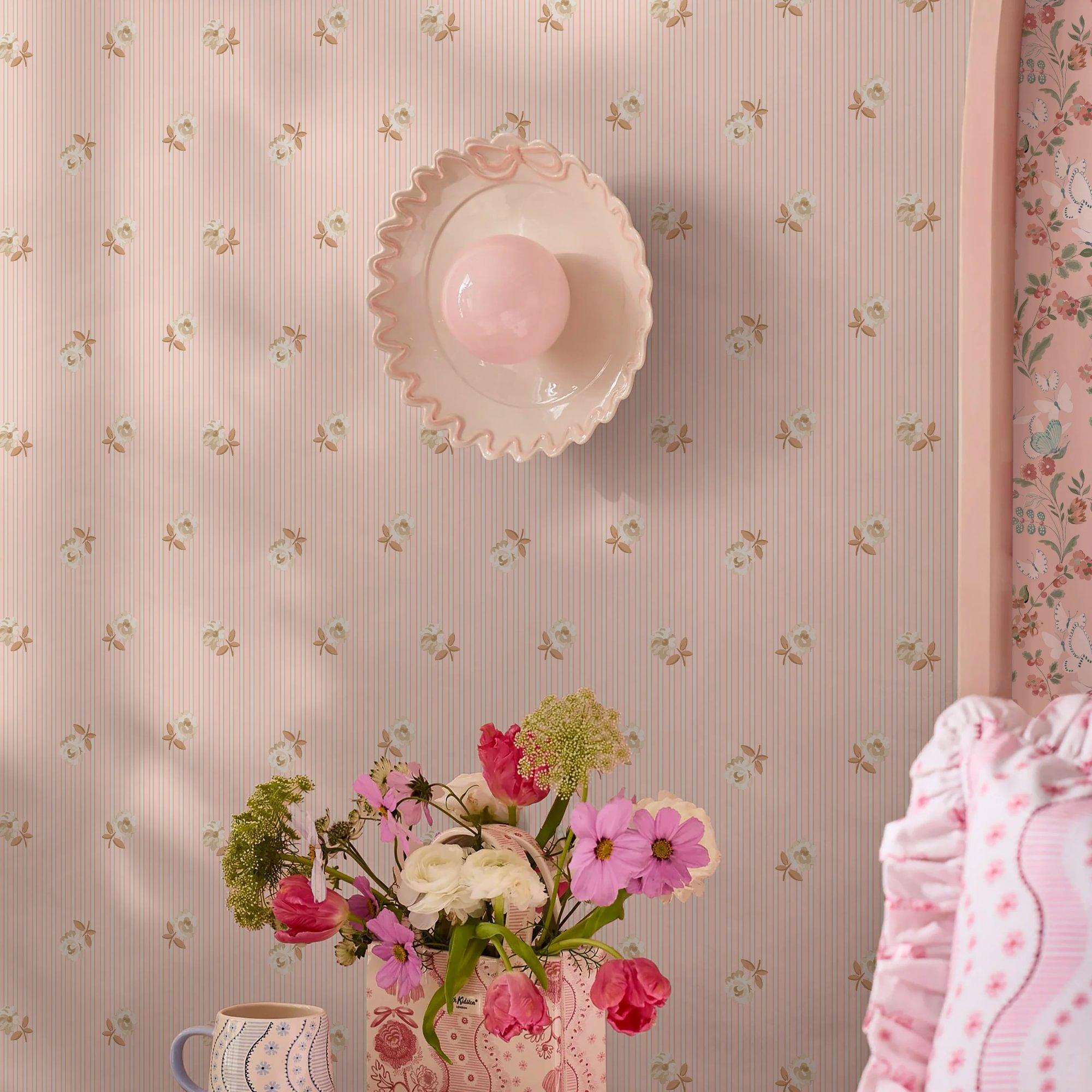 Pink - Cath Kidston - Rose Spaced Stripe Blue Wallpaper - 2