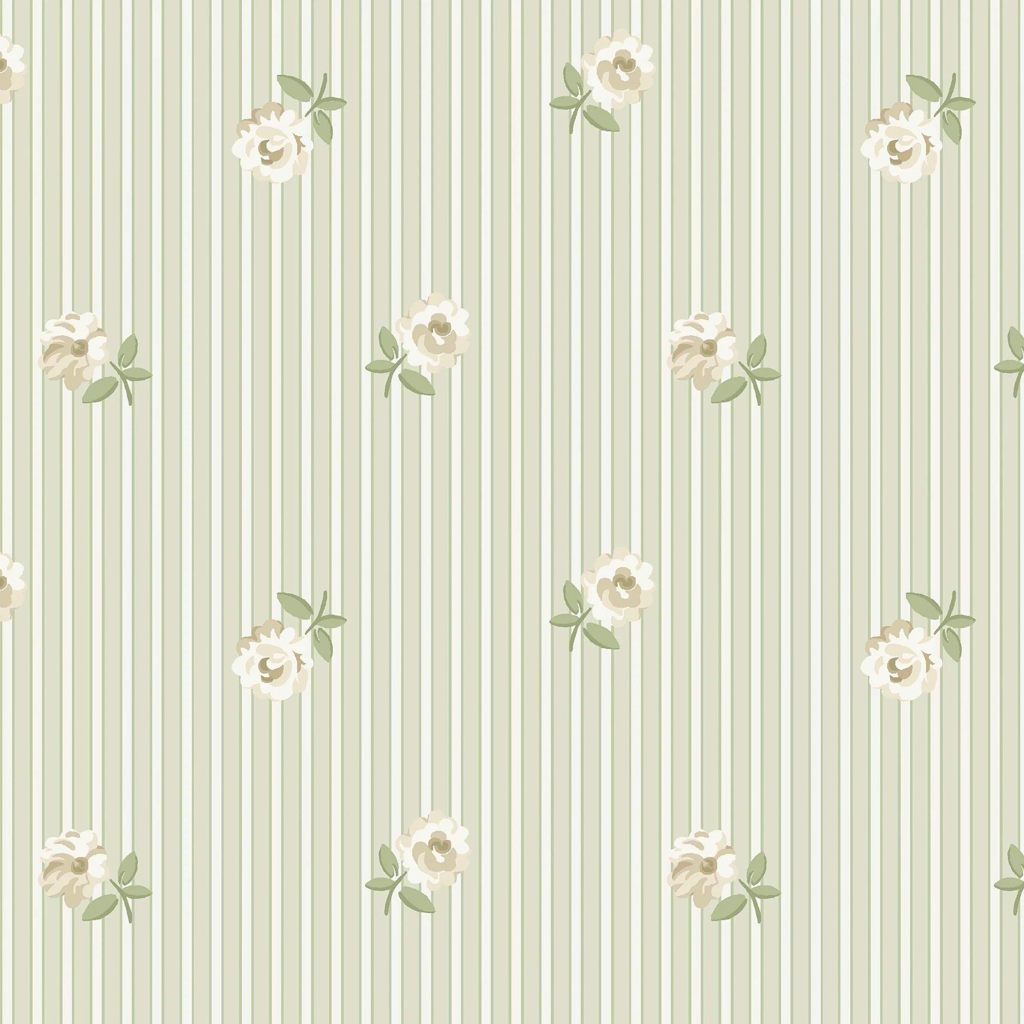 Rose Spaced Stripe Blue Wallpaper