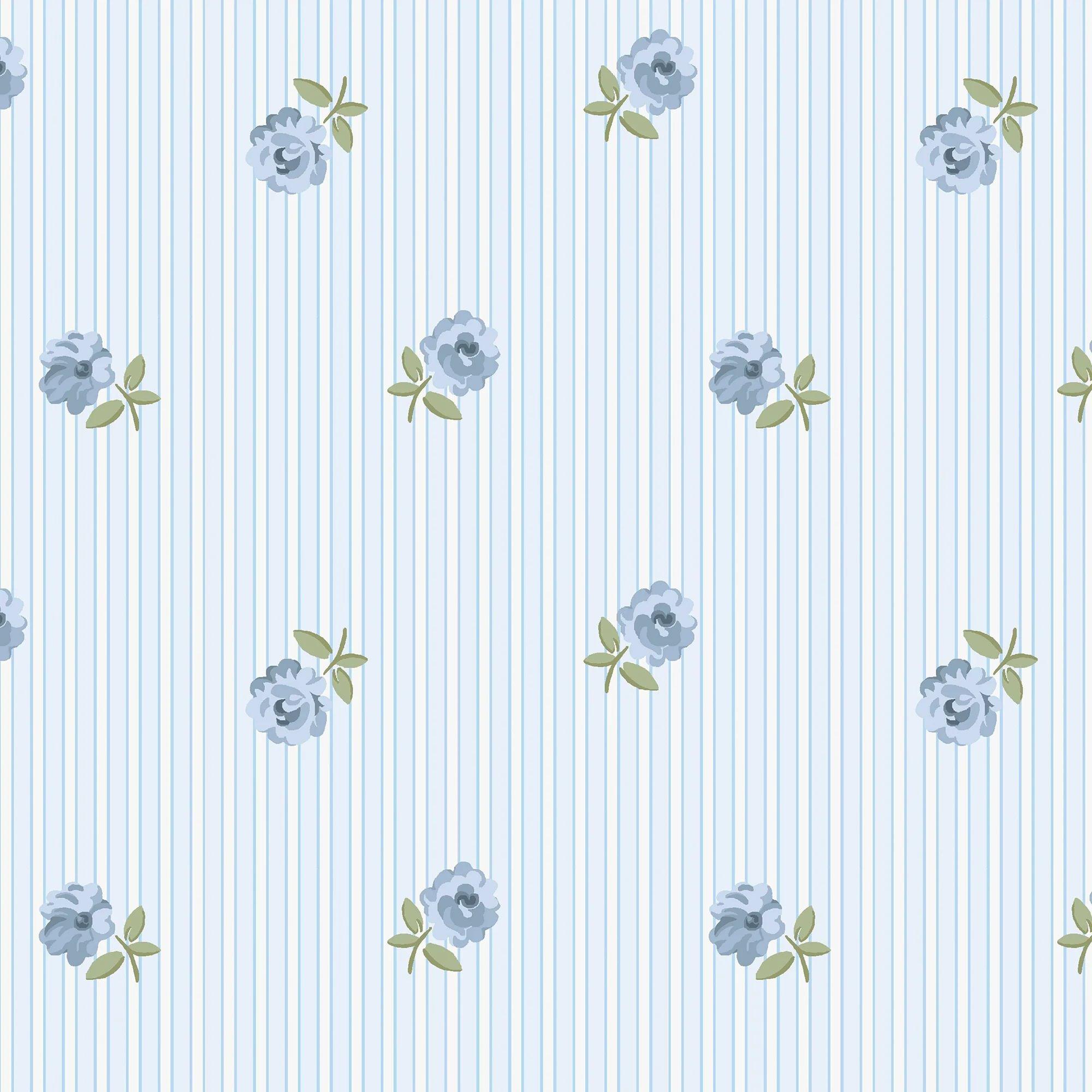 Rose Spaced Stripe Blue Wallpaper