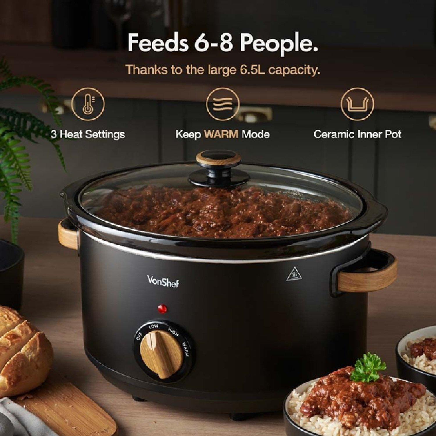 Black - VonHaus - Fika Black & Wood 6.5L Slow Cooker - 2