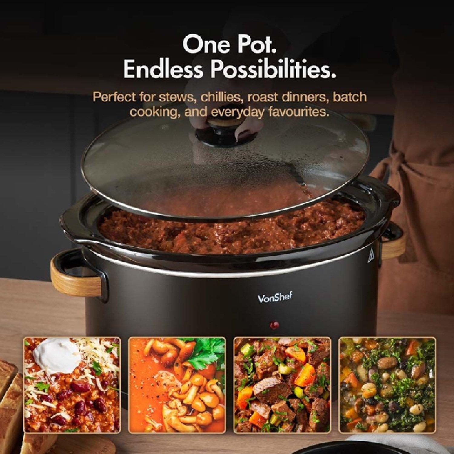 Black - VonHaus - Fika Black & Wood 6.5L Slow Cooker - 6