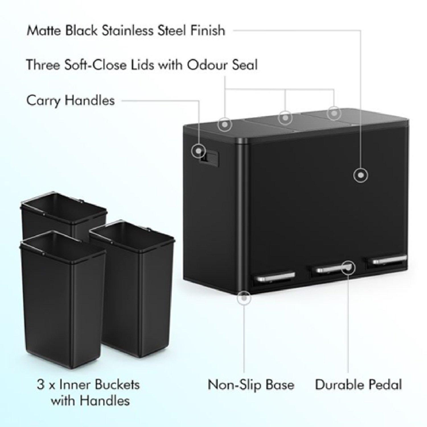 Matte Black - VonHaus - Triple Bin - 45L - 3