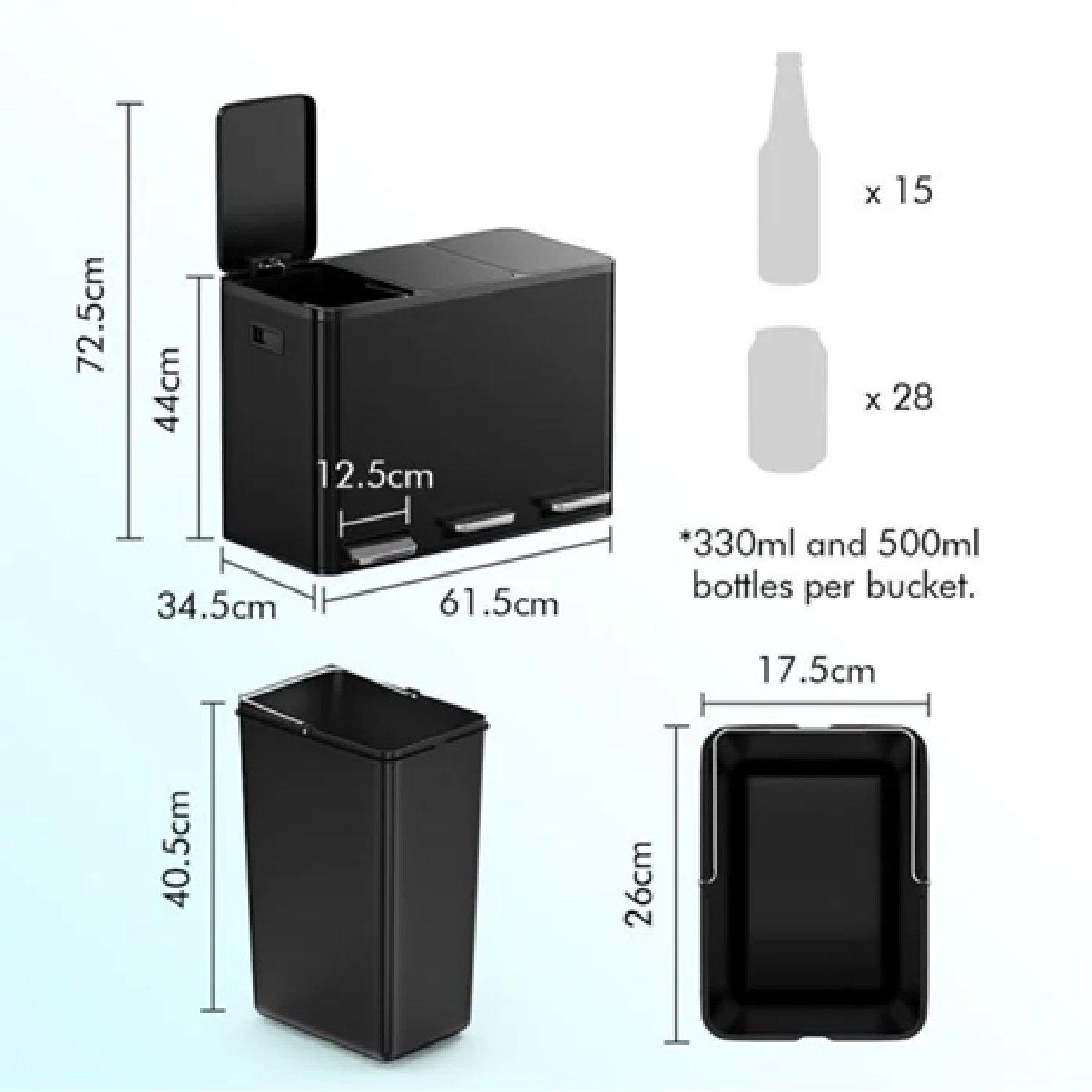 Matte Black - VonHaus - Triple Bin - 45L - 7