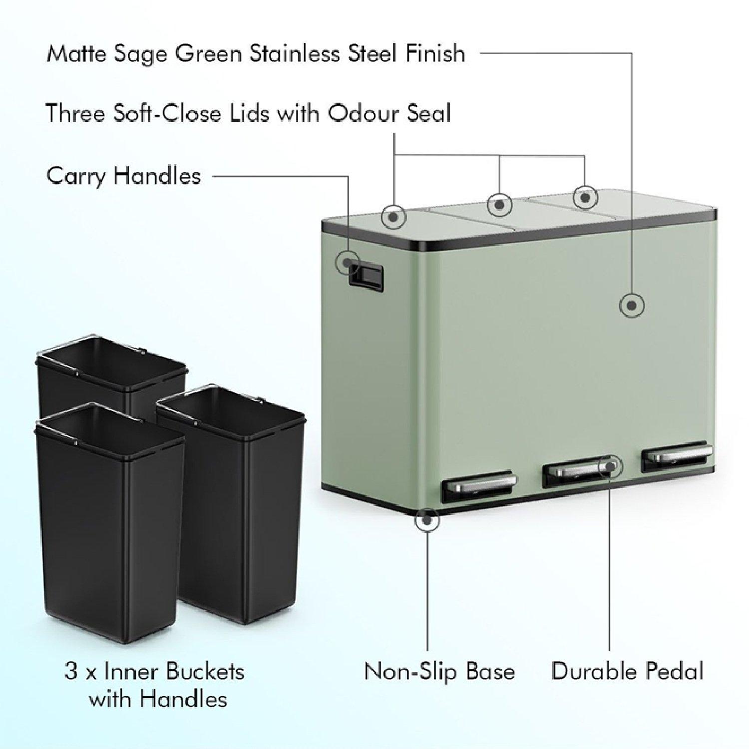 Matte Green - VonHaus - Triple Bin - 45L - 3