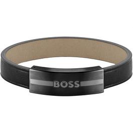 Boss Mens BOSS Luke Black IP Leather Bracelet