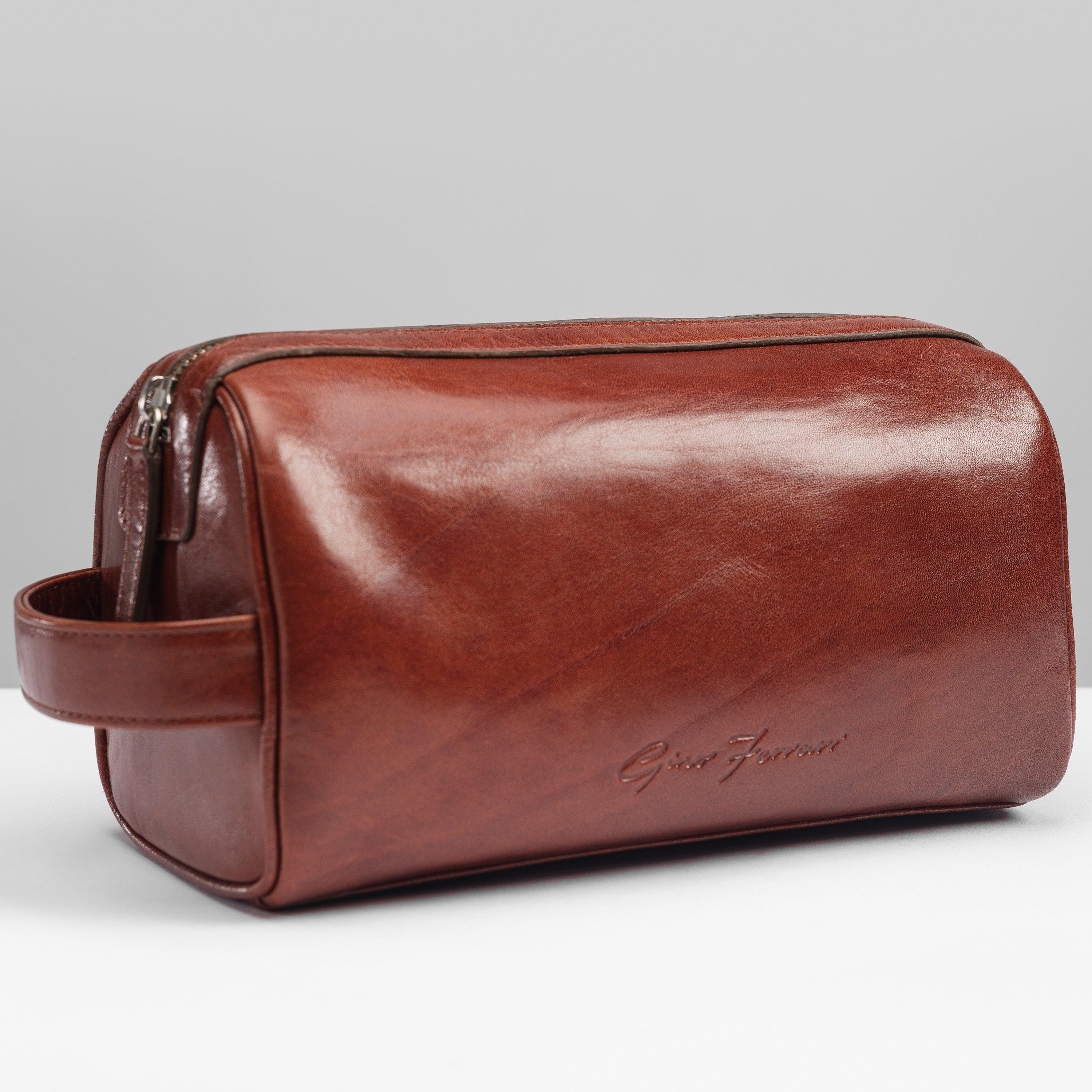 Cognac Gfw026-2 - Gino Ferrari - Embossed Travel Leather Washbag Internal Pocket - 1