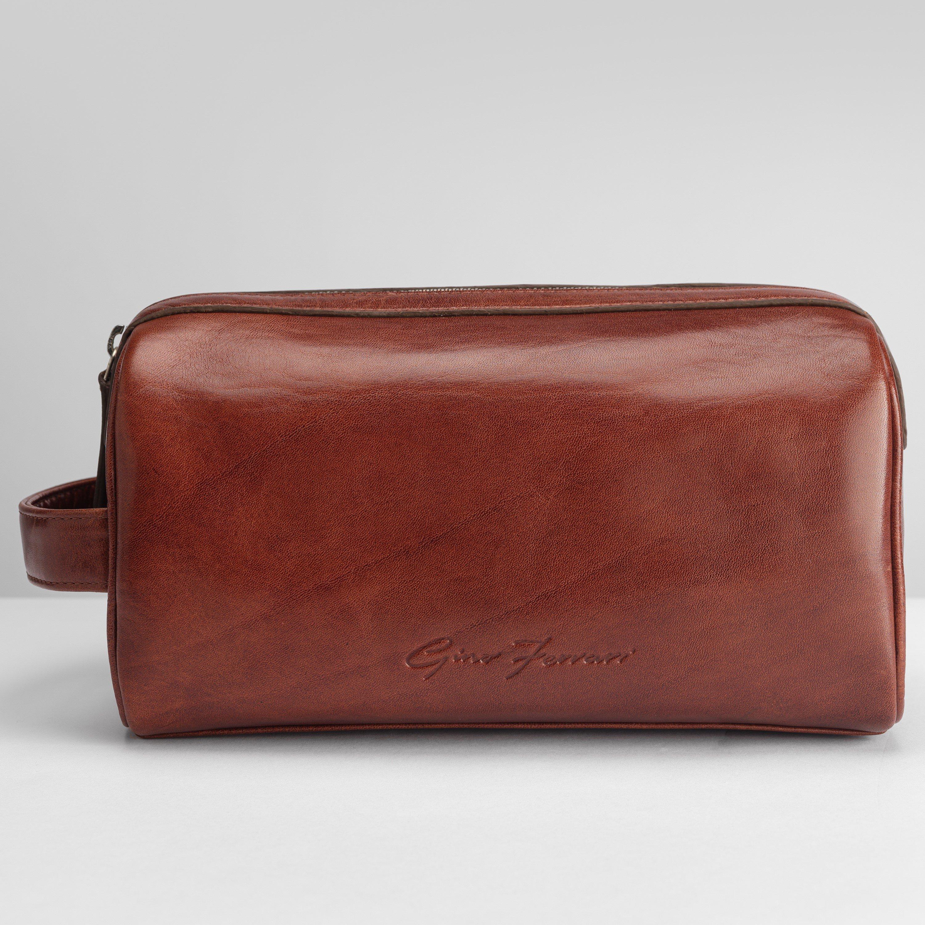 Cognac Gfw026-2 - Gino Ferrari - Embossed Travel Leather Washbag Internal Pocket - 5