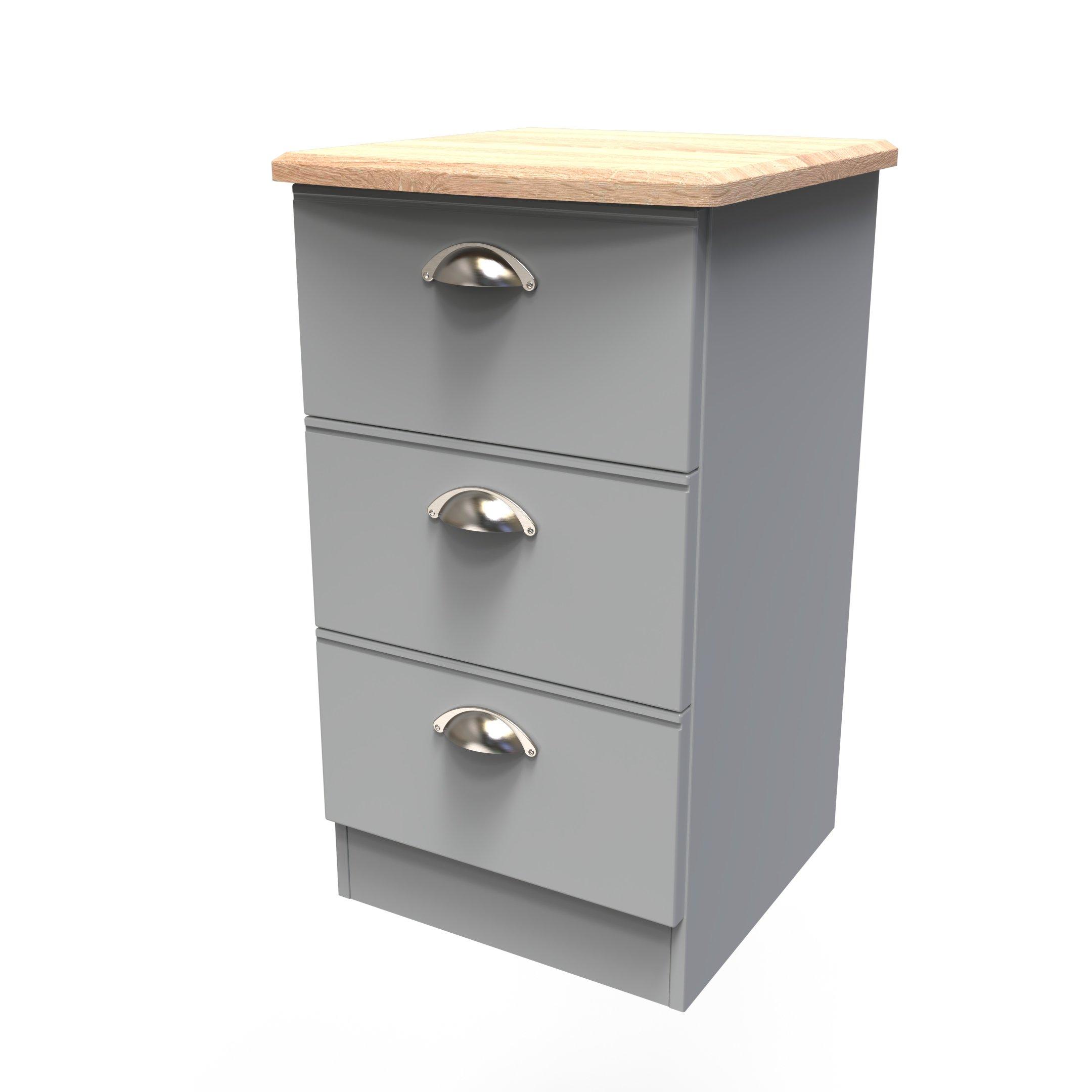 Dusk Grey & Oak - Welcome Furniture - Victoria 3 Drawer Bedside Cabinet - Ready Assemble - 3