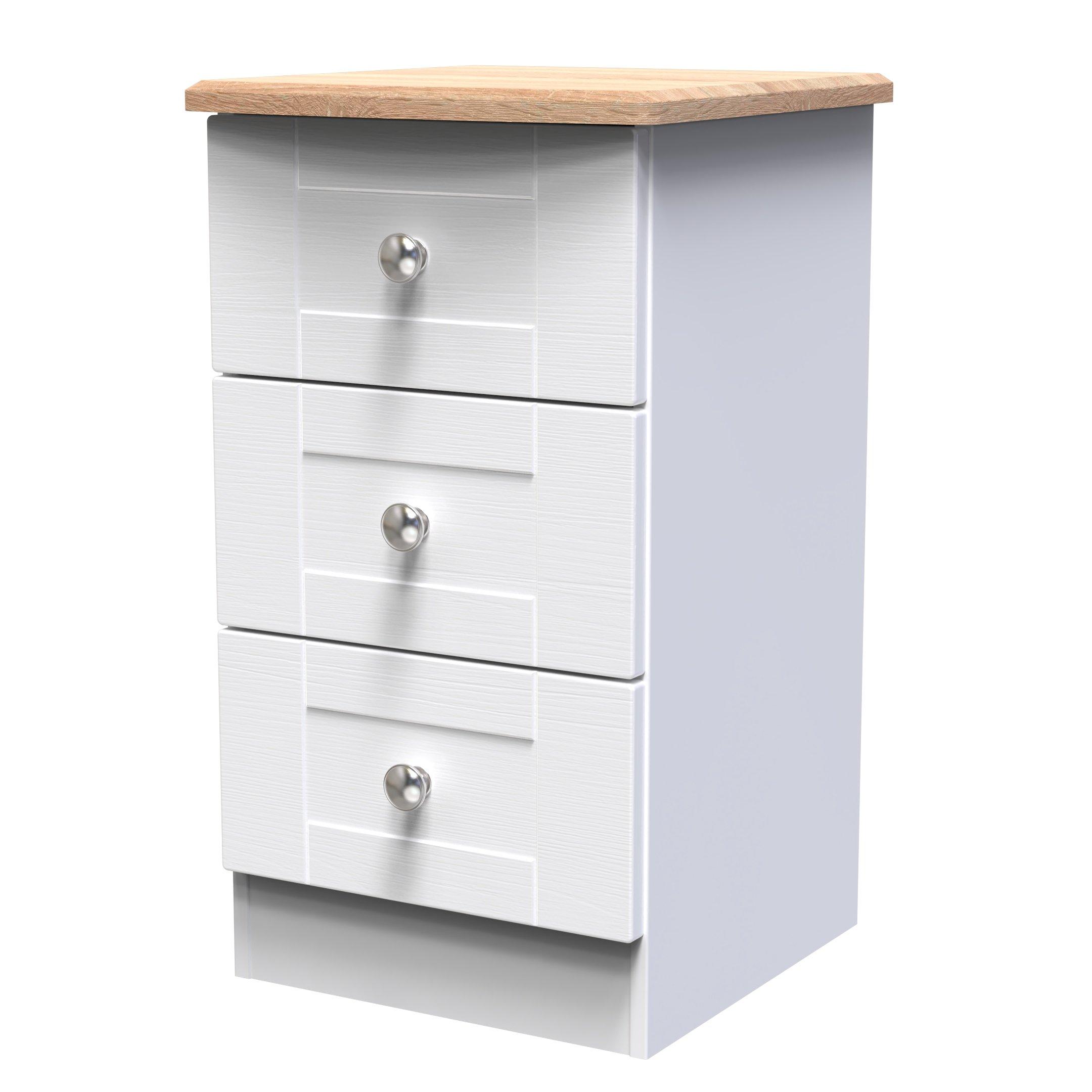 White Ash & Oak - Welcome Furniture - Sussex 3 Drawer Bedside Cabinet - Ready Assembled - 3