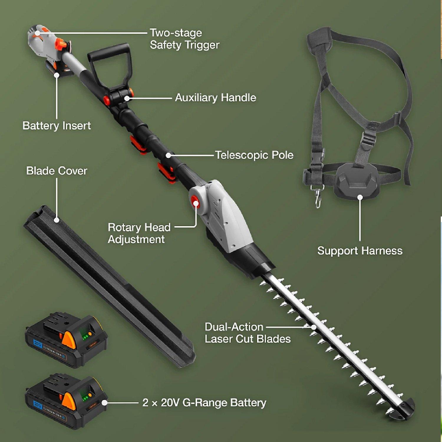 Grey - VonHaus - G-Series Cordless Pole Hedge Trimmer 2x Batteries - 6