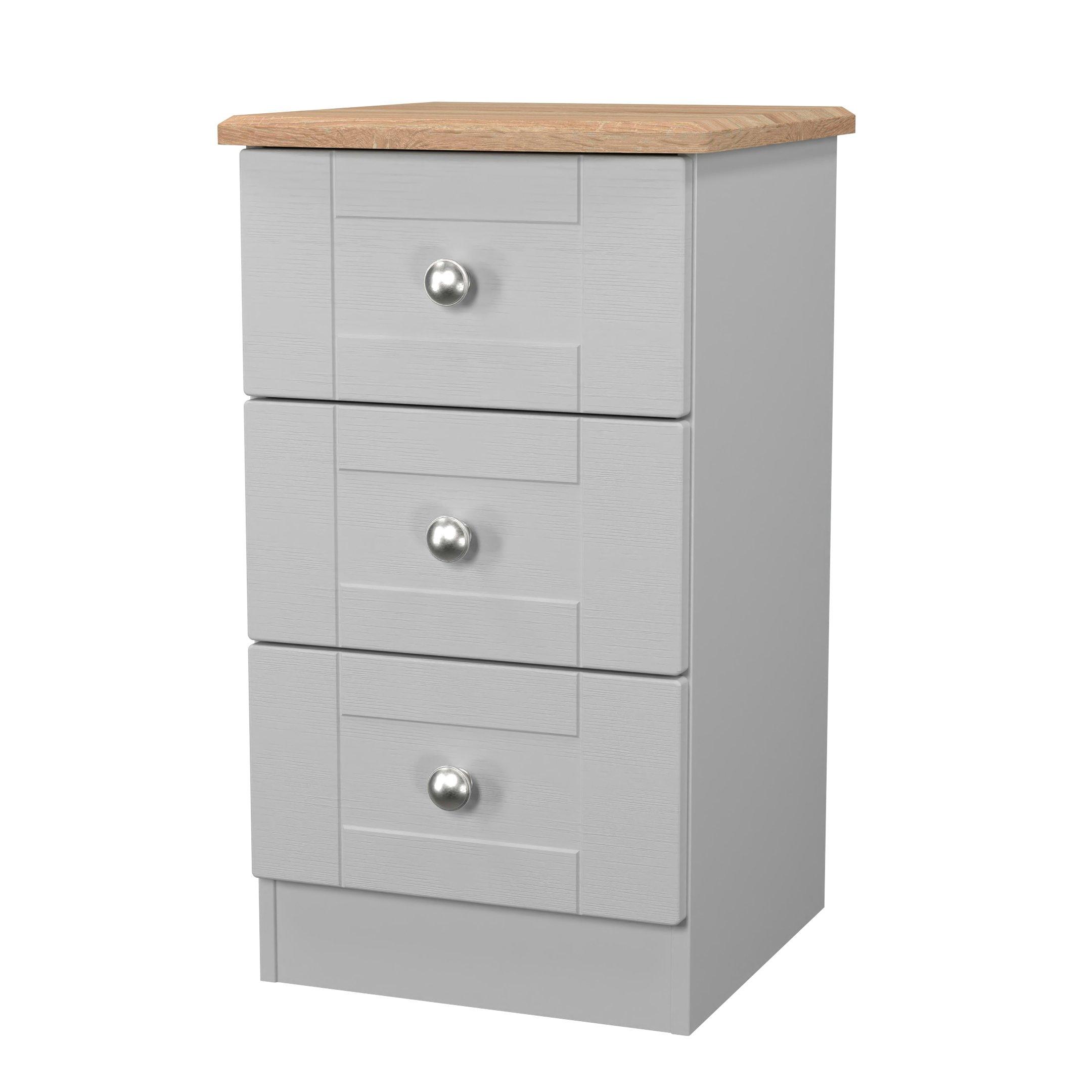 Grey Ash & Oak - Welcome Furniture - Sussex 3 Drawer Bedside Cabinet - Ready Assembled - 3