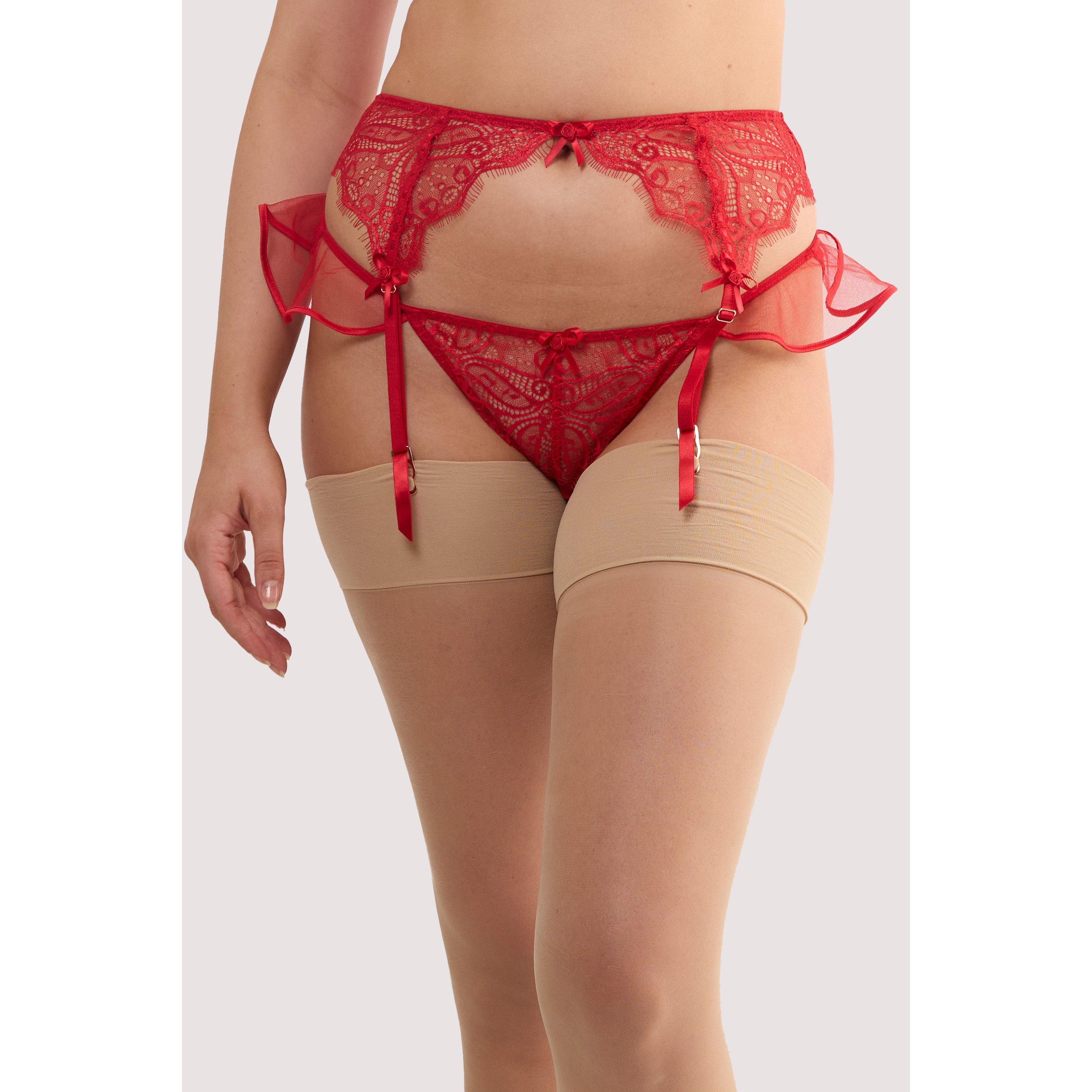 Red - Playful Promises - Monica Red Ribbon Slot Lace Suspender - 1