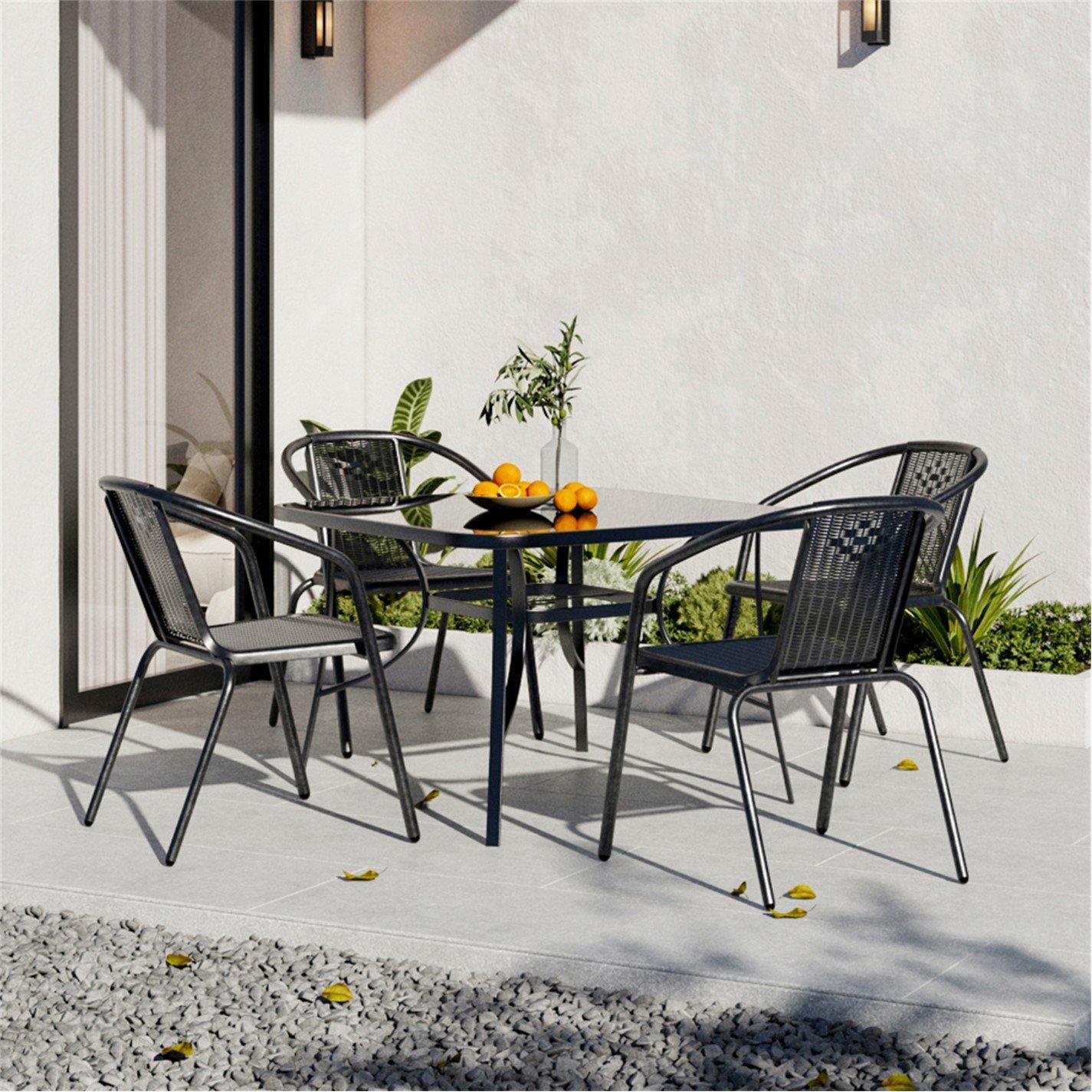 Black - Breeins - Square Metallic Table with 4 Rattan Chairs - 2