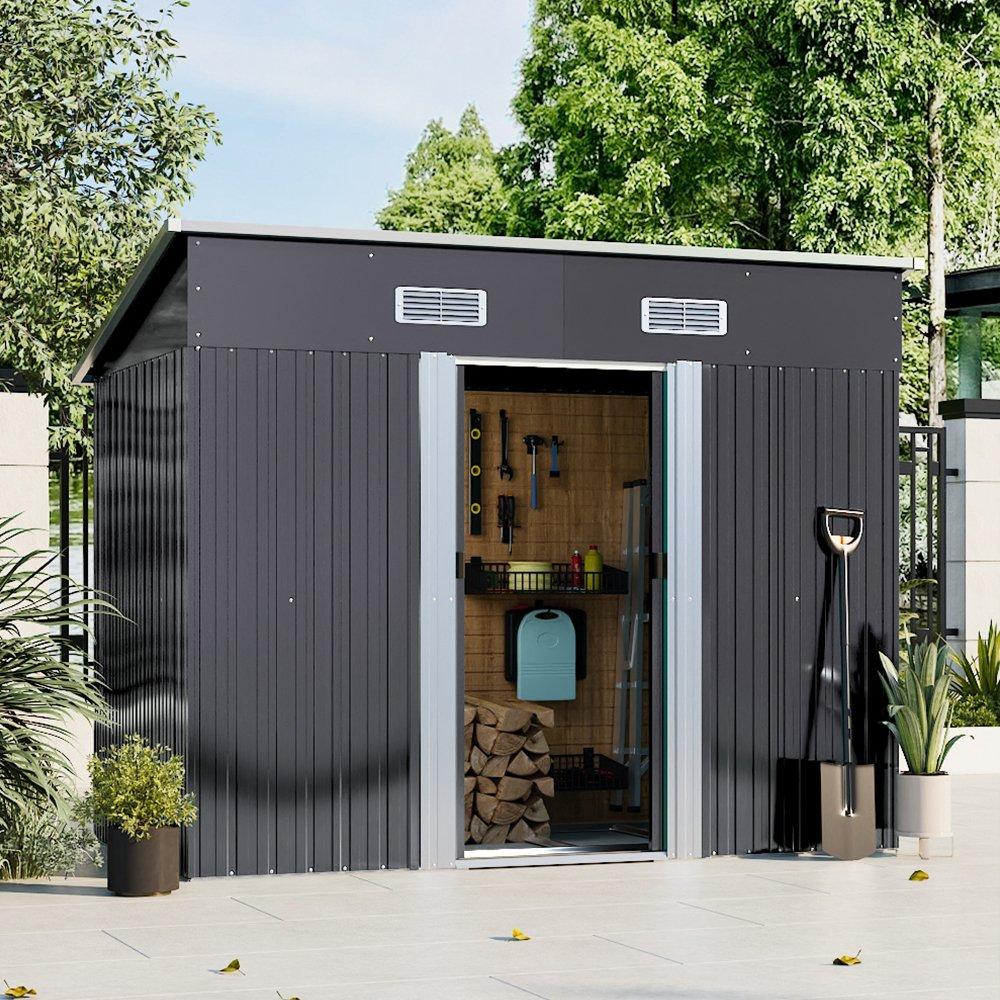 Black - Breeins - Outdoor 4x8Fts Metal Storage Shed Black - 2