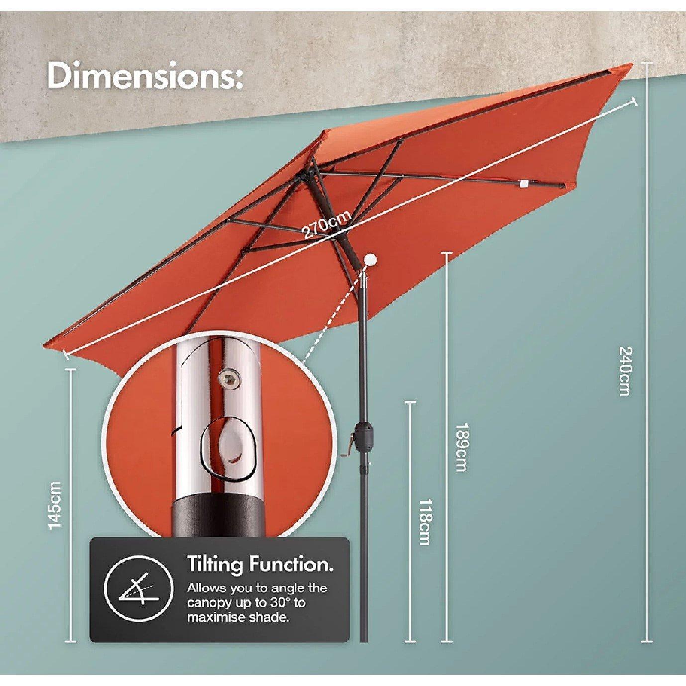 Orange - VonHaus - 2.7m Steel Garden Parasol & Base Set - 8