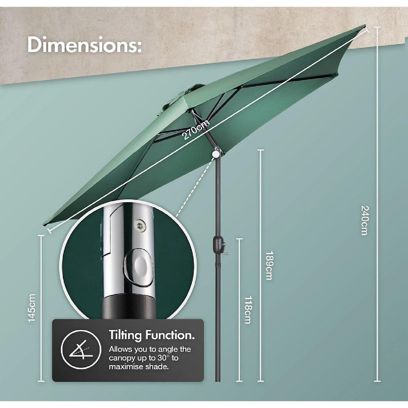 Green - VonHaus - 2.7m Steel Garden Parasol & Base Set - 8