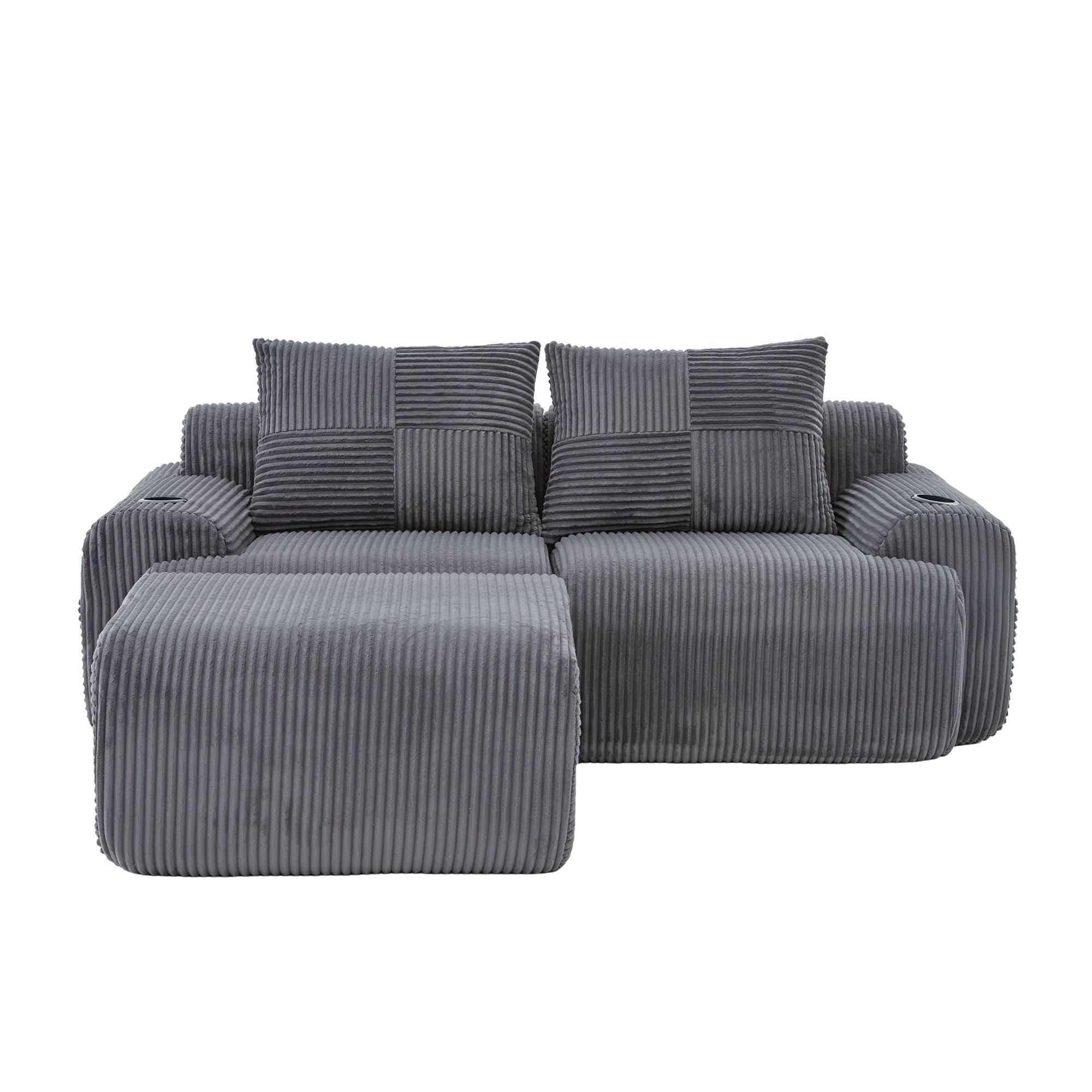 Dark Gray - Urban Meuble - Modular Corduroy Sofa with Ottomans - 11