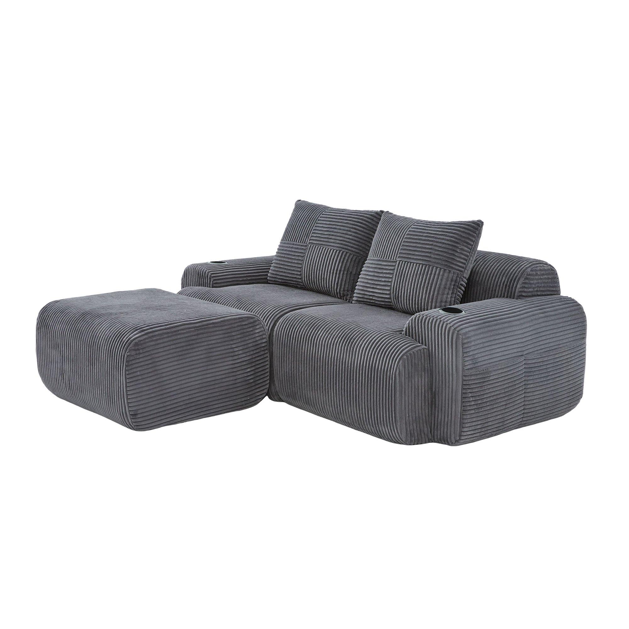 Dark Gray - Urban Meuble - Modular Corduroy Sofa with Ottomans - 12