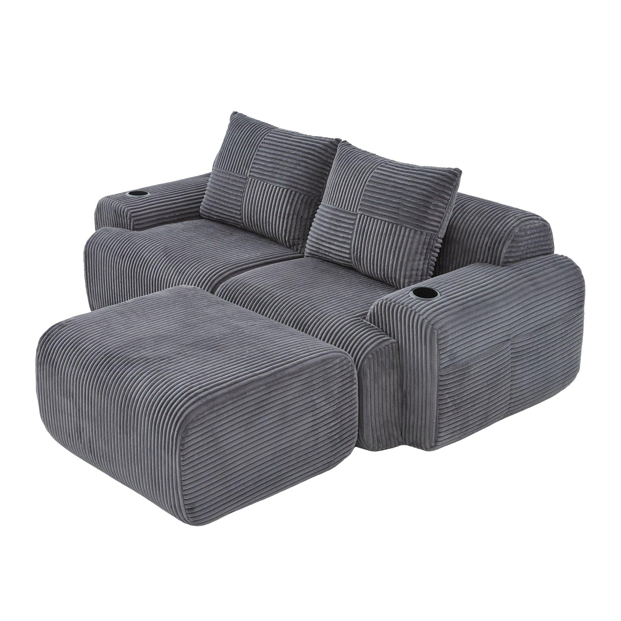 Dark Gray - Urban Meuble - Modular Corduroy Sofa with Ottomans - 13