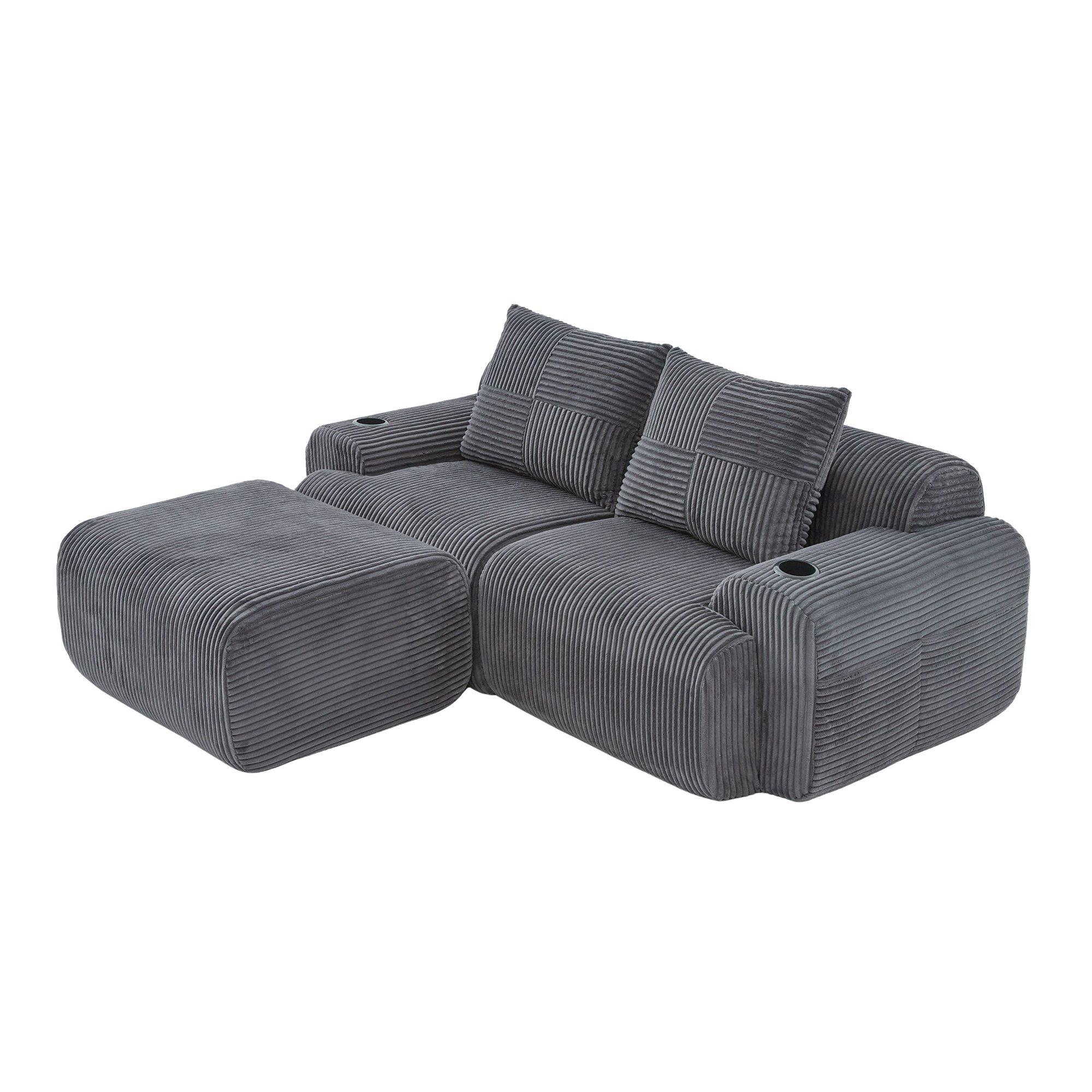 Dark Gray - Urban Meuble - Modular Corduroy Sofa with Ottomans - 14