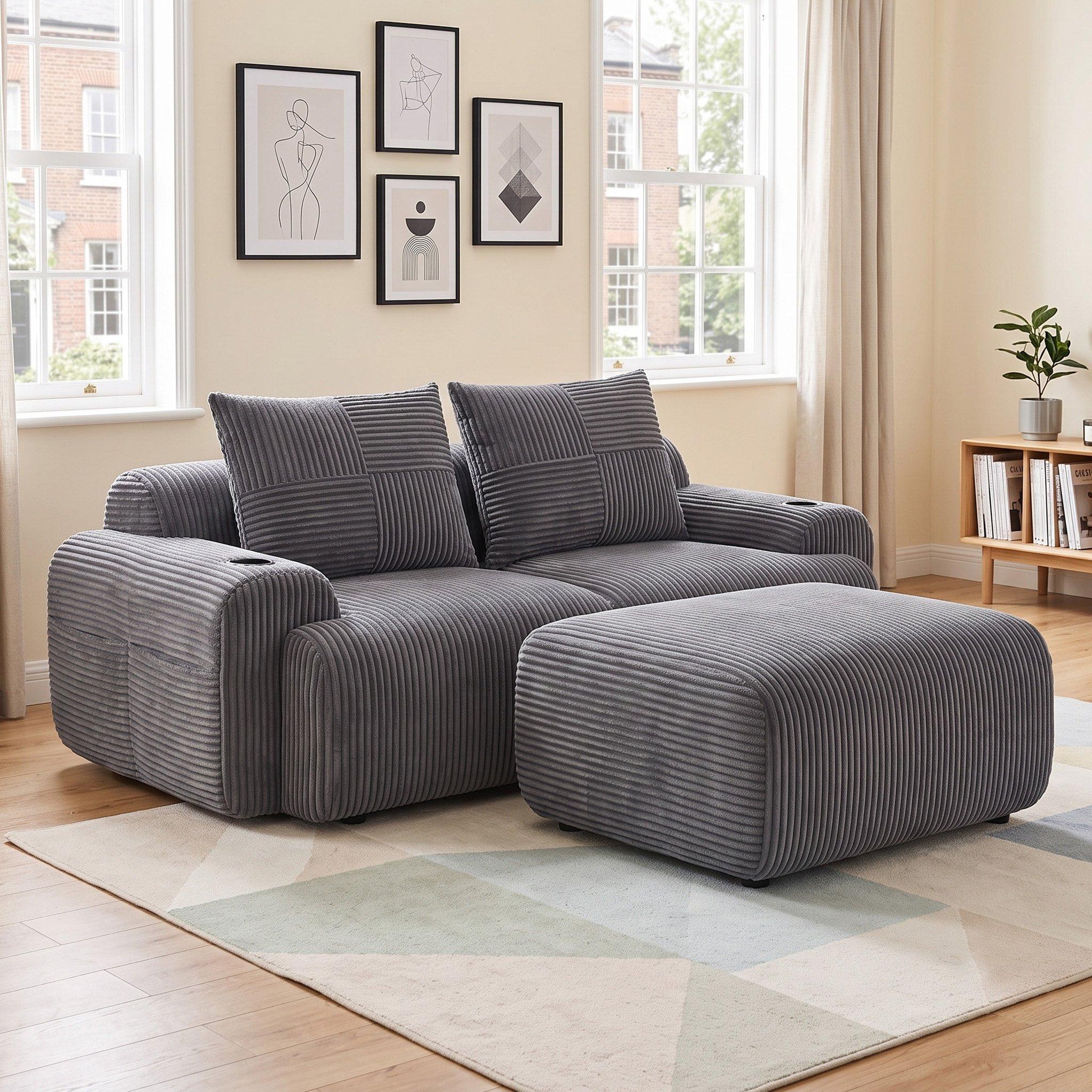 Dark Gray - Urban Meuble - Modular Corduroy Sofa with Ottomans - 3