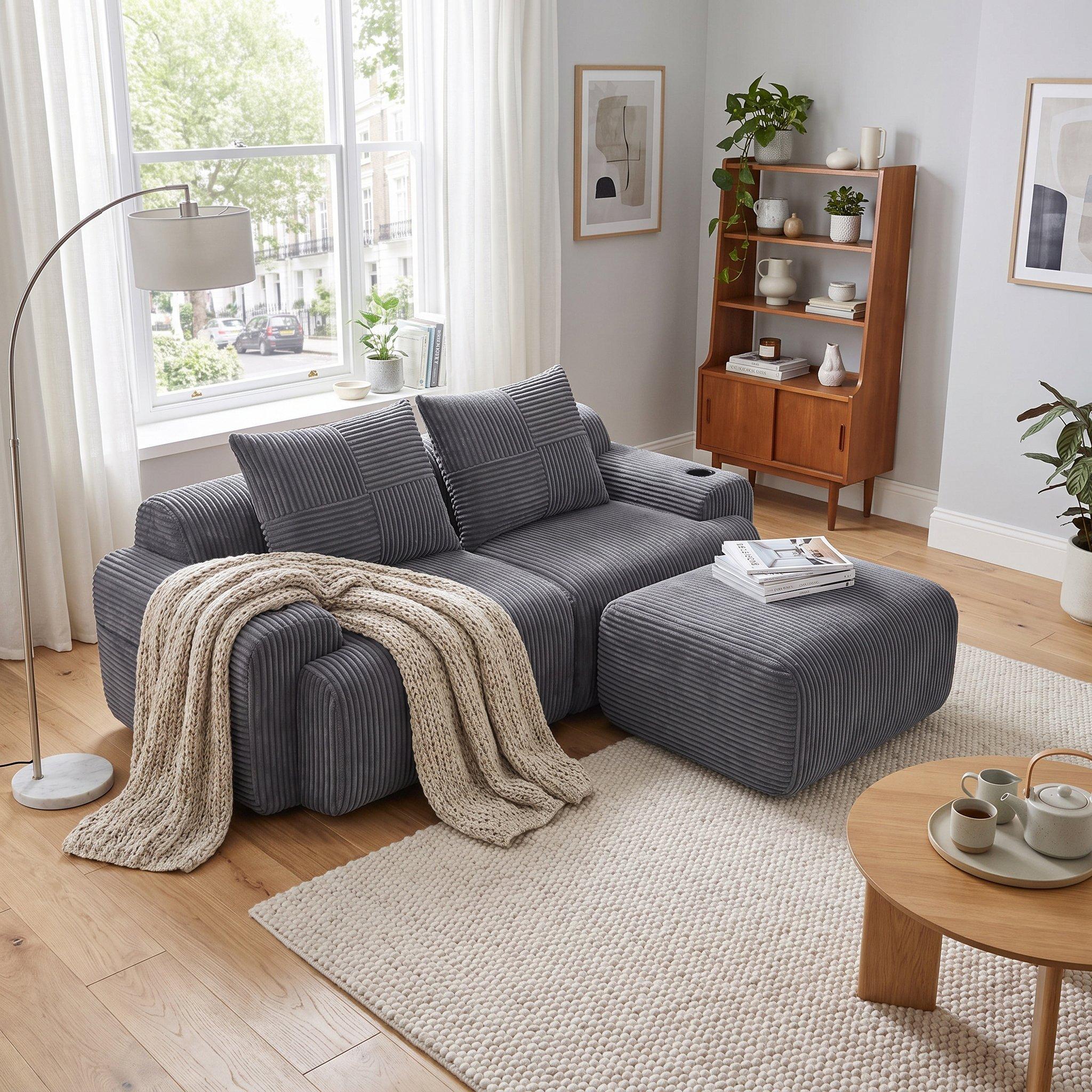 Dark Gray - Urban Meuble - Modular Corduroy Sofa with Ottomans - 4