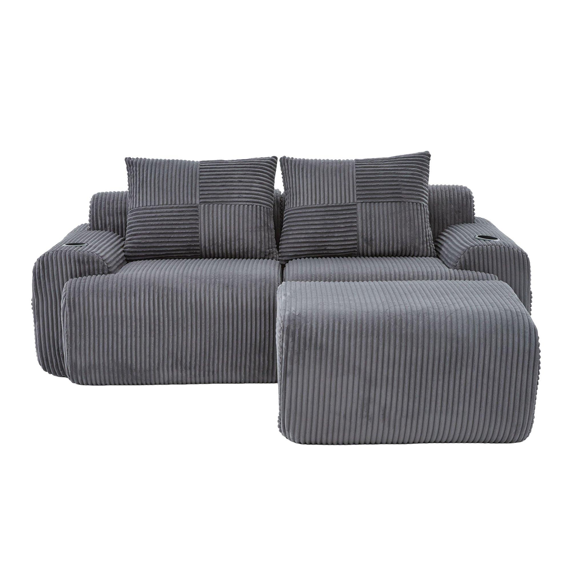 Dark Gray - Urban Meuble - Modular Corduroy Sofa with Ottomans - 5