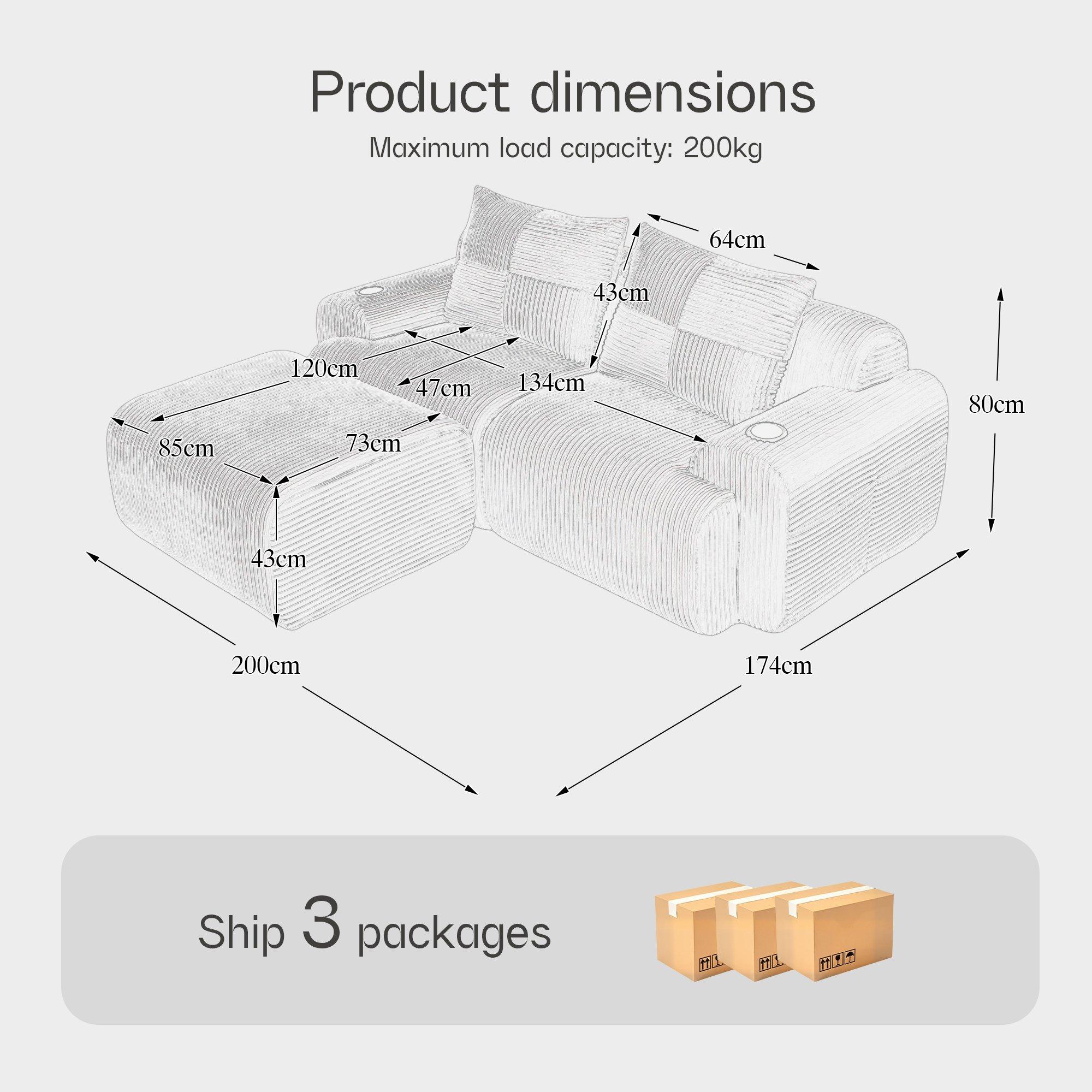 Dark Gray - Urban Meuble - Modular Corduroy Sofa with Ottomans - 6