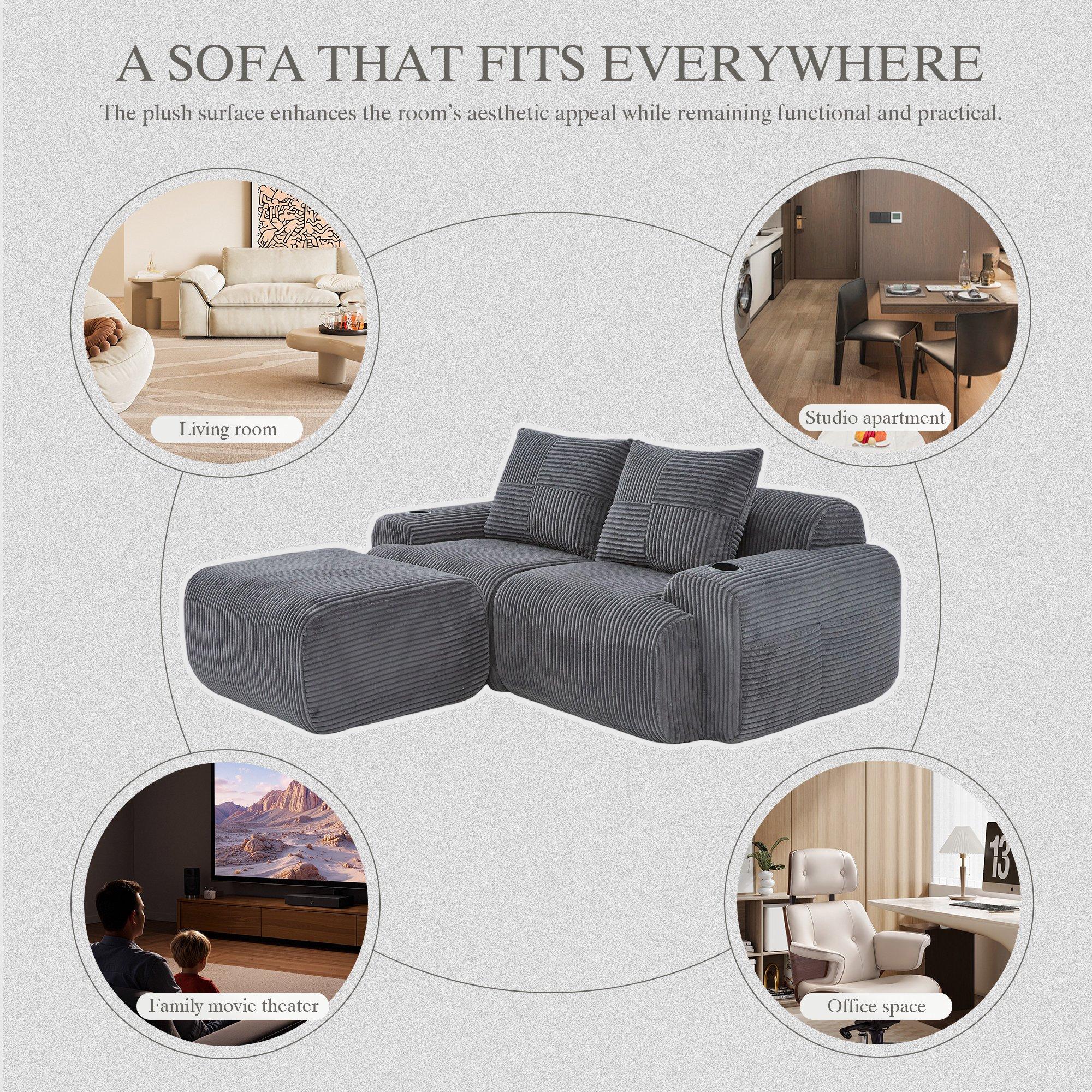 Dark Gray - Urban Meuble - Modular Corduroy Sofa with Ottomans - 7