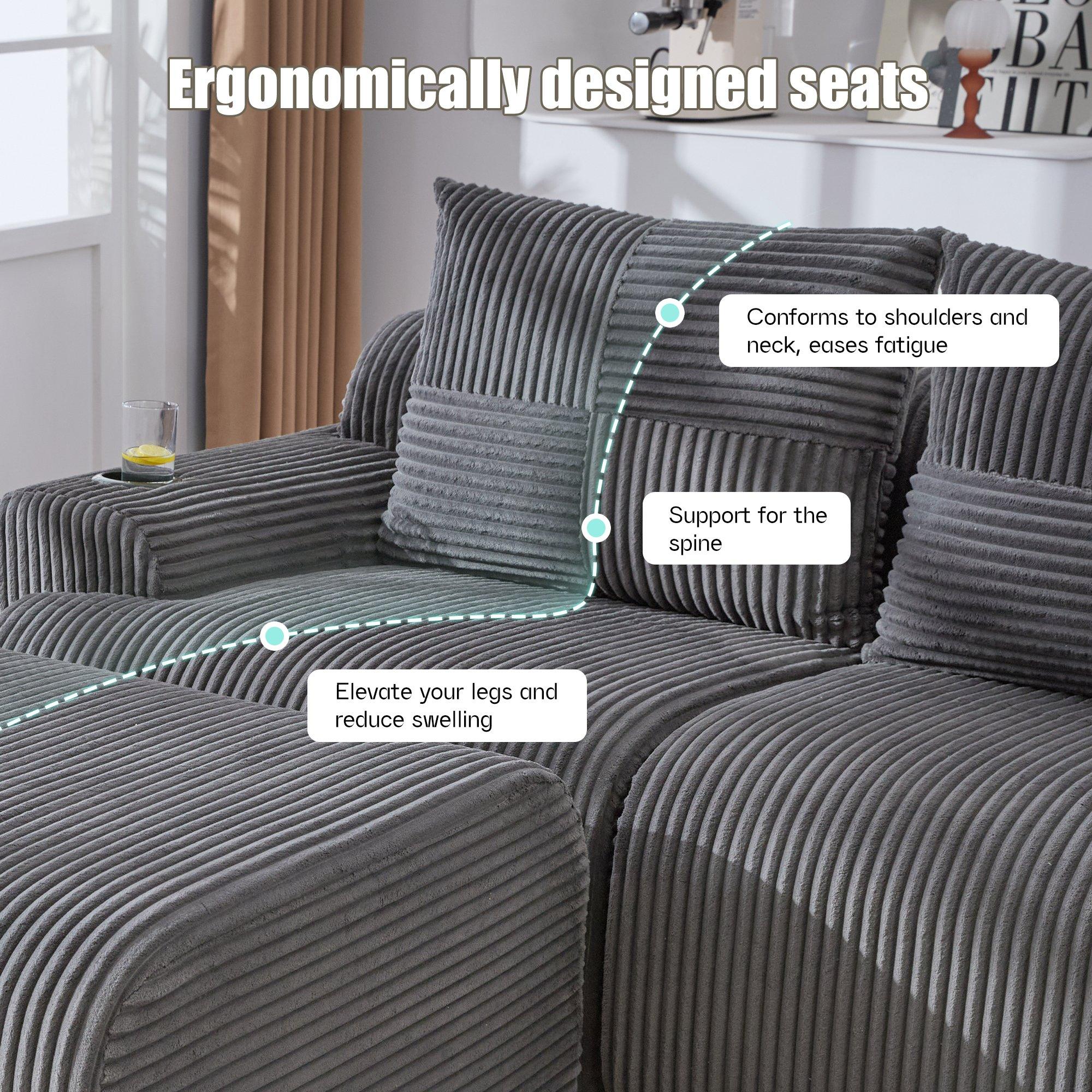 Dark Gray - Urban Meuble - Modular Corduroy Sofa with Ottomans - 8
