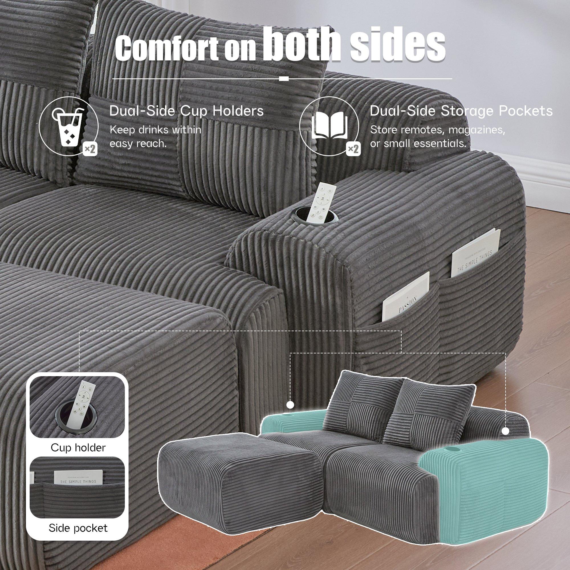 Dark Gray - Urban Meuble - Modular Corduroy Sofa with Ottomans - 9