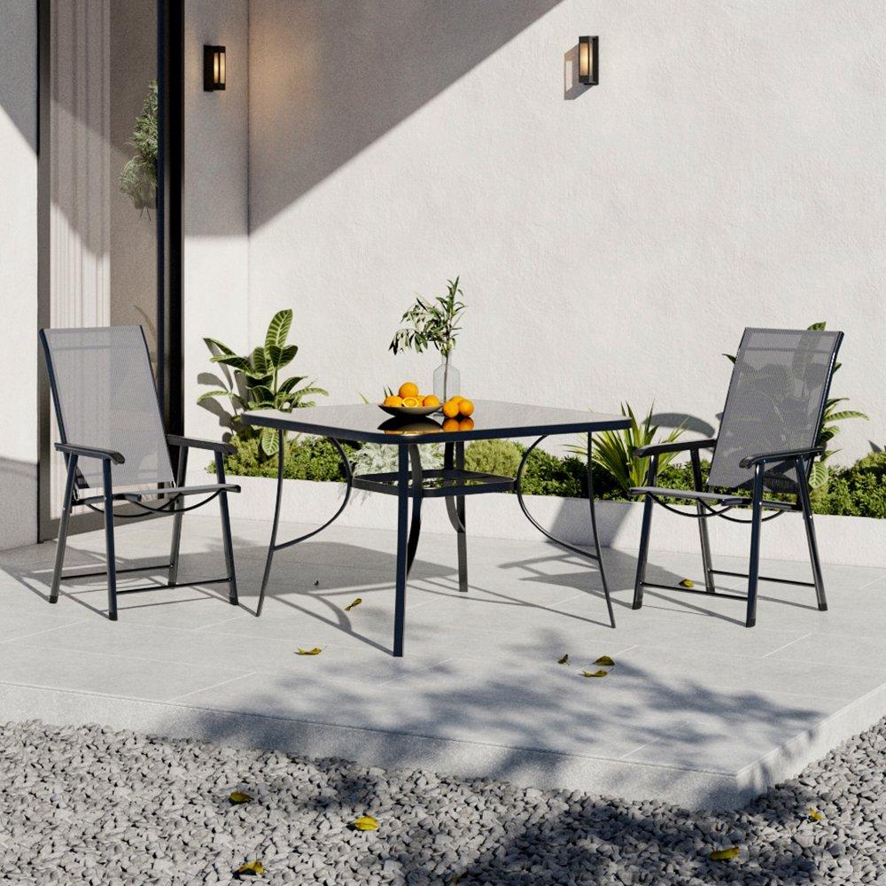 Black - Breeins - Square Glass Table with 2 Folding Chairs - 2