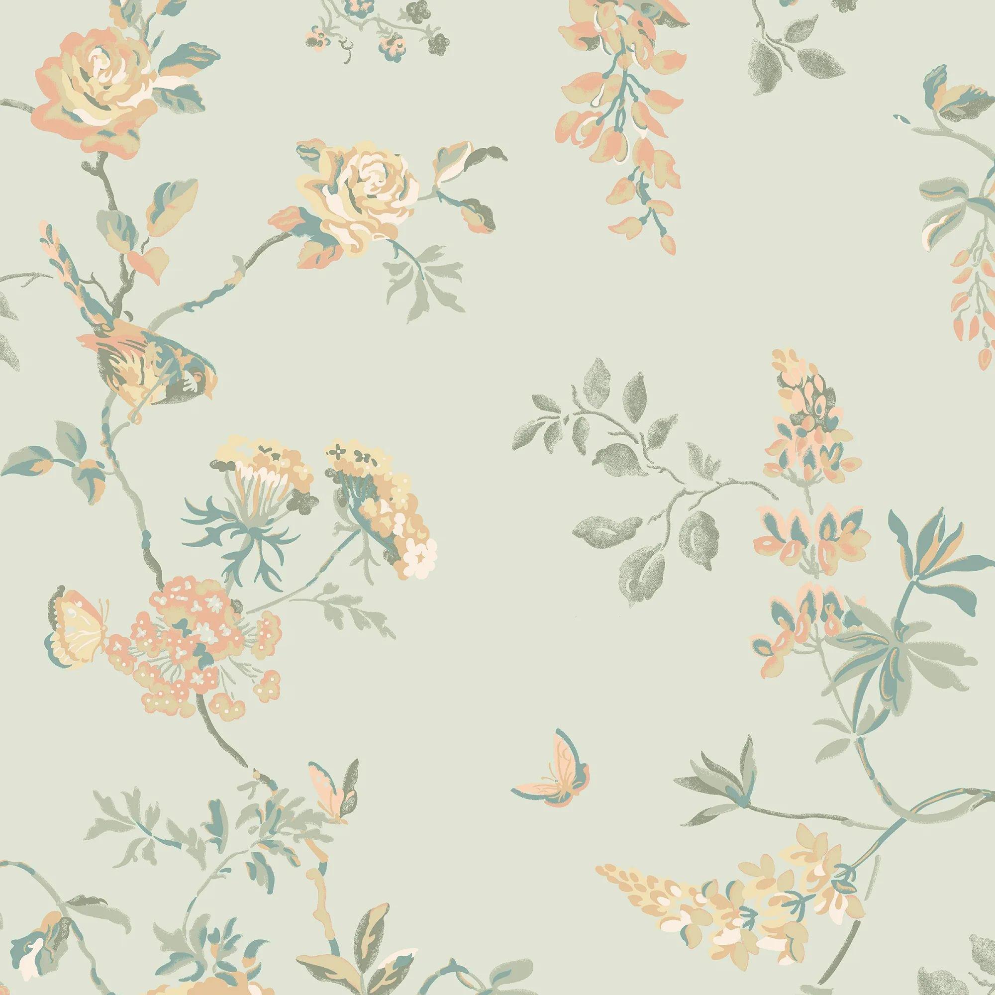 Sage - Cath Kidston - Birds and Roses Blue Wallpaper - 1