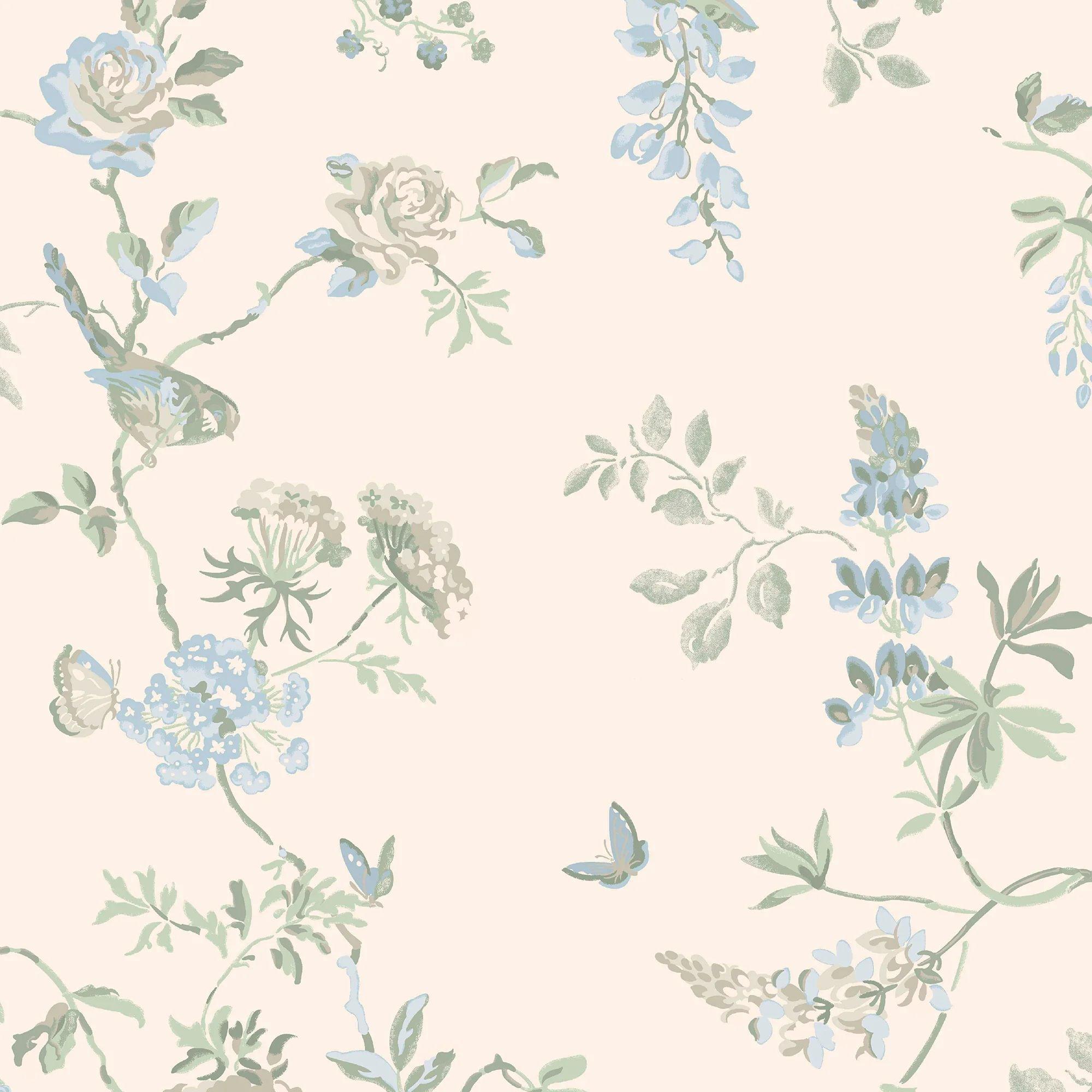 Birds and Roses Blue Wallpaper