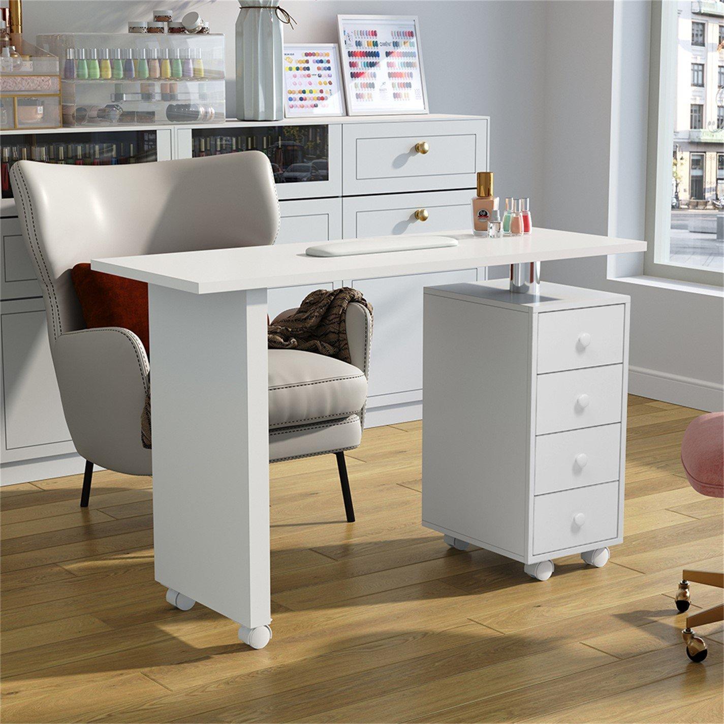 White - SHEONLY - 4 Drawers Nail Table Beauty Salon Desk on Wheels - 2