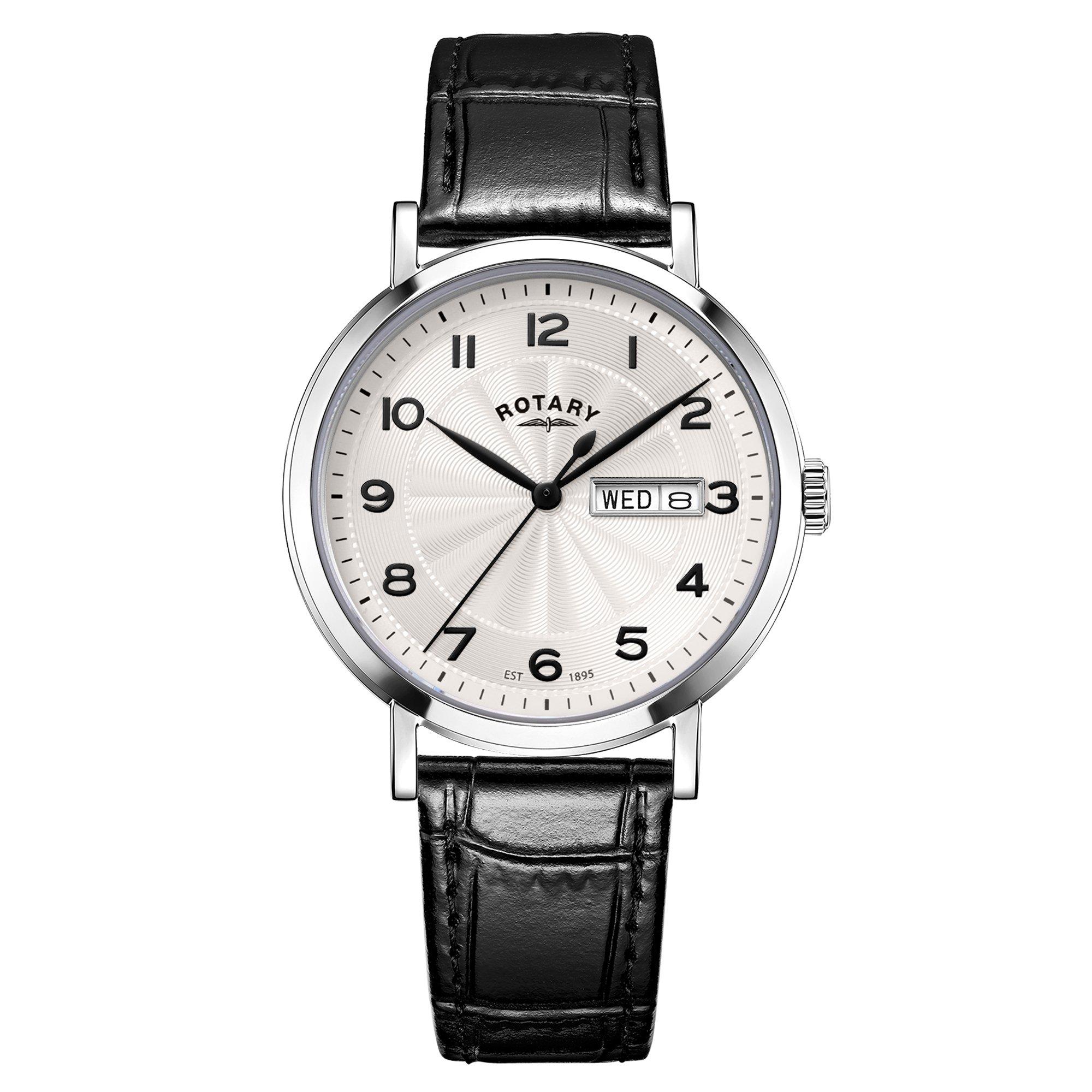 Black - Rotary - Mens Heritage SS Black Leather Strap Watch - 1
