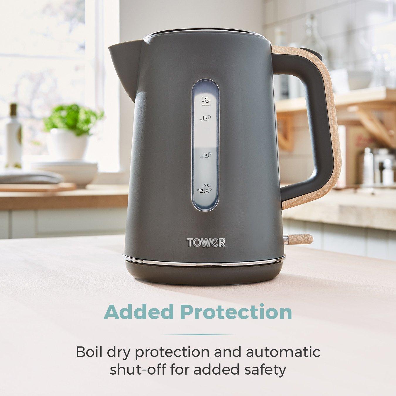 Grey - Tower - Scandi 3KW 1.7 Litre Kettle Grey with Wooden Accen - 6