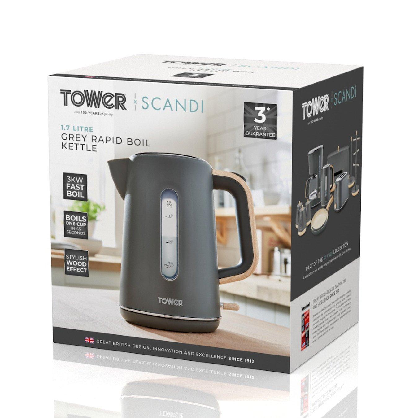 Grey - Tower - Scandi 3KW 1.7 Litre Kettle Grey with Wooden Accen - 9