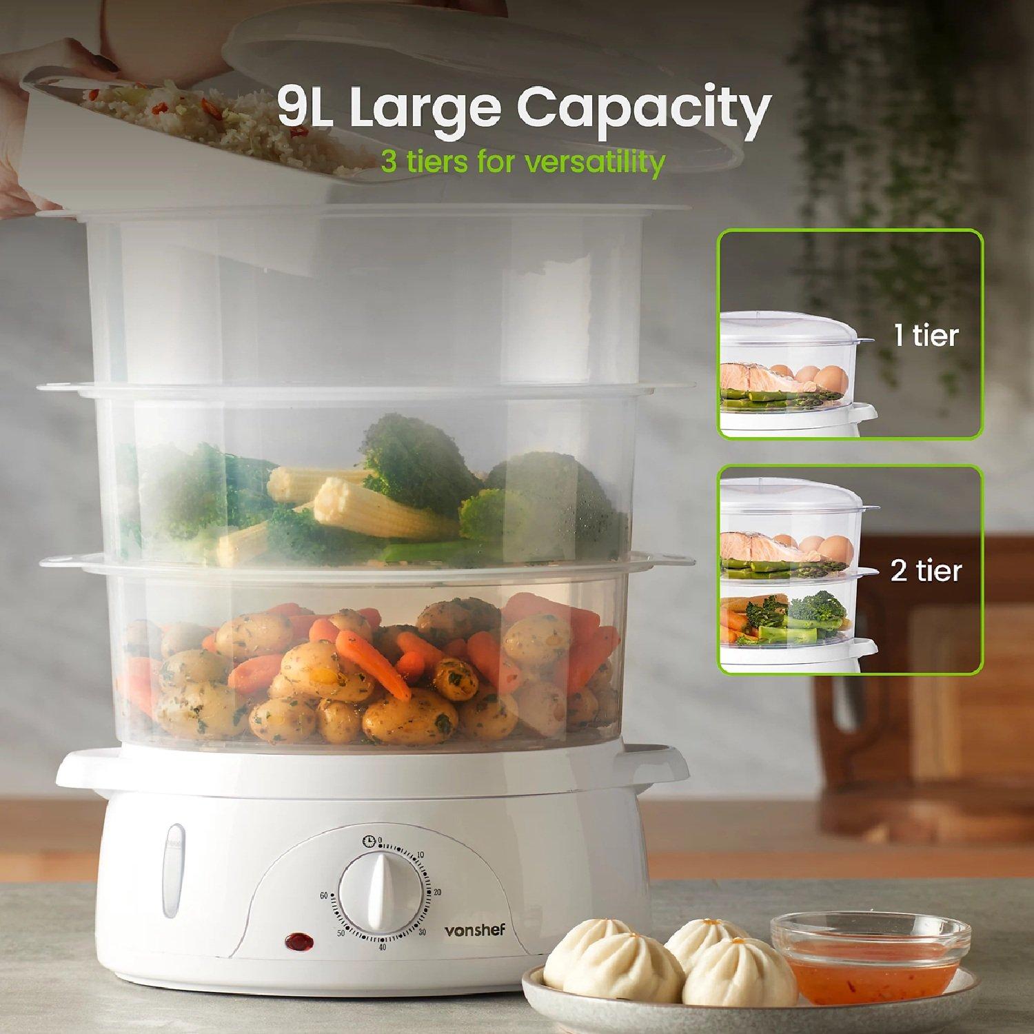 White - VonShef - 3 Tier Food Steamer - 800W - 2