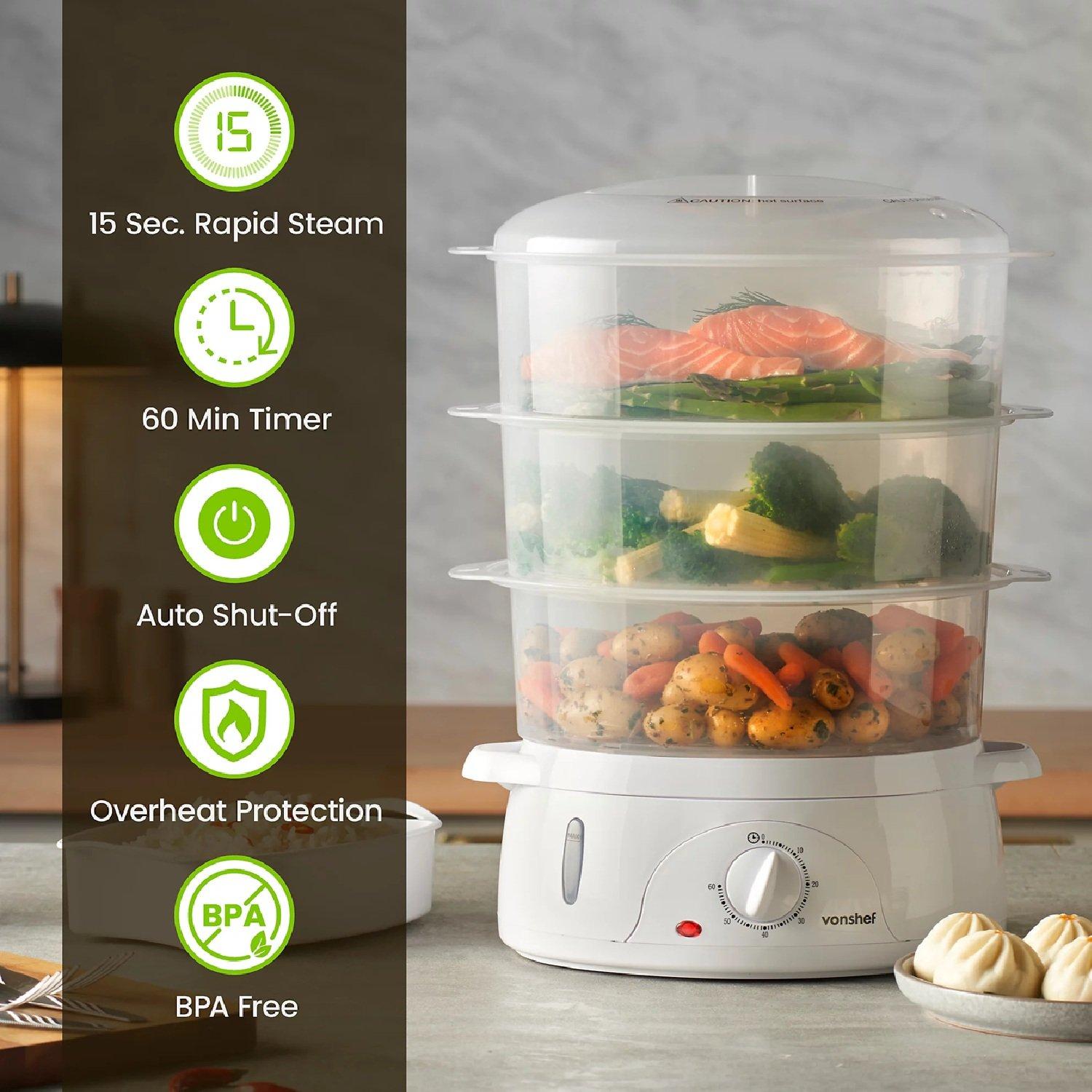 White - VonShef - 3 Tier Food Steamer - 800W - 4